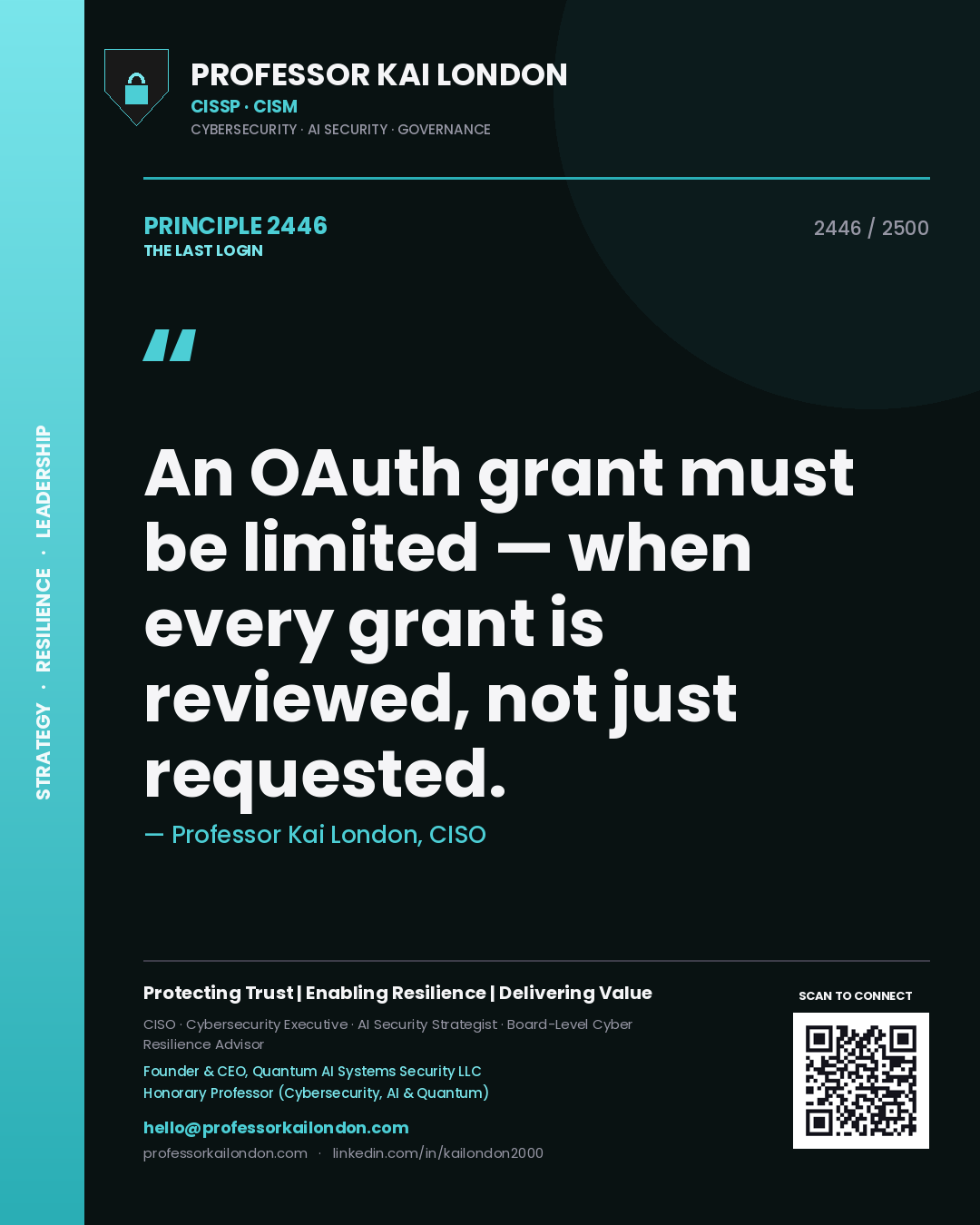 Professor Kai London principle 2446: An OAuth grant must be limited — when every grant is reviewed, not just requested.