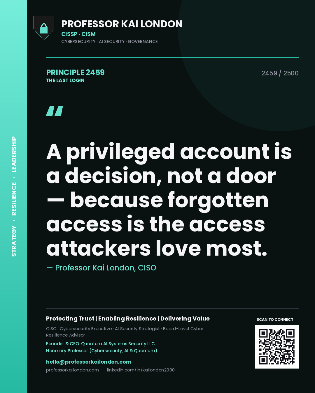 Quote card by Professor Kai London reading 'A privileged account is a decision, not a door — because forgotten access is the access attackers love most.'. From the book The Last Login.