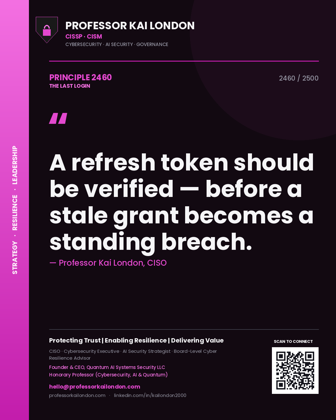 Quote card by Professor Kai London reading 'A refresh token should be verified — before a stale grant becomes a standing breach.'. From the book The Last Login.