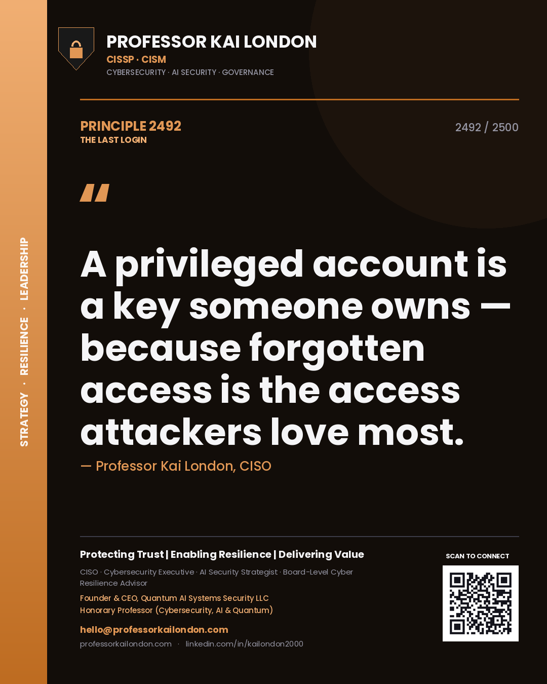 Professor Kai London principle 2492: A privileged account is a key someone owns — because forgotten access is the access attackers love most.