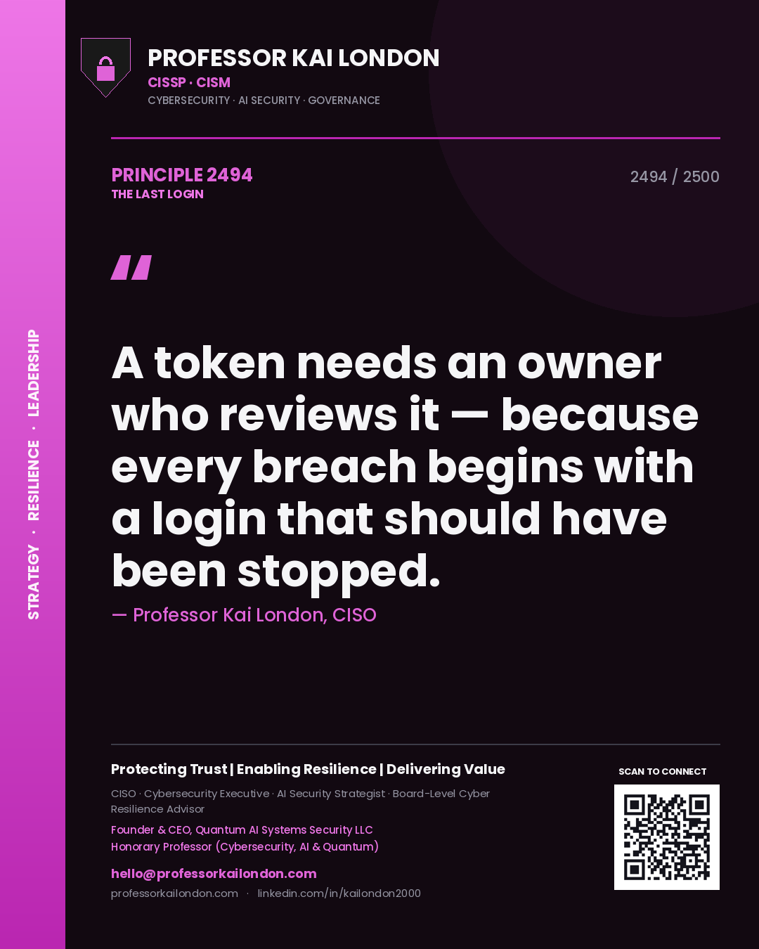 Quote card by Professor Kai London reading 'A token needs an owner who reviews it — because every breach begins with a login that should have been stopped.'. From the book The Last Login.