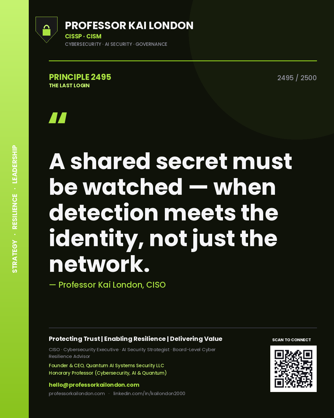 Professor Kai London principle 2495: A shared secret must be watched — when detection meets the identity, not just the network.