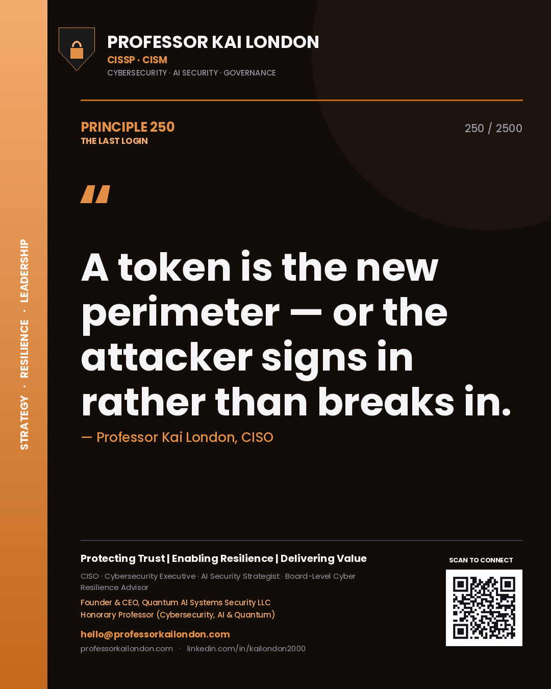 Quote card by Professor Kai London reading 'A token is the new perimeter — or the attacker signs in rather than breaks in.'. From the book The Last Login.
