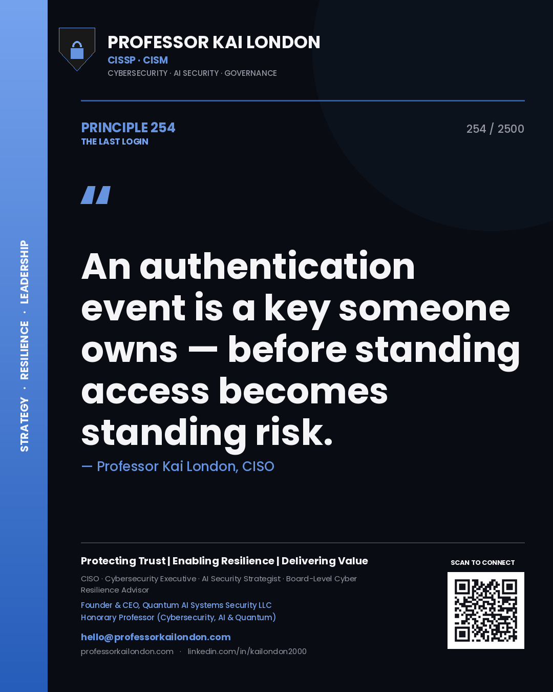Quote card by Professor Kai London reading 'An authentication event is a key someone owns — before standing access becomes standing risk.'. From the book The Last Login.
