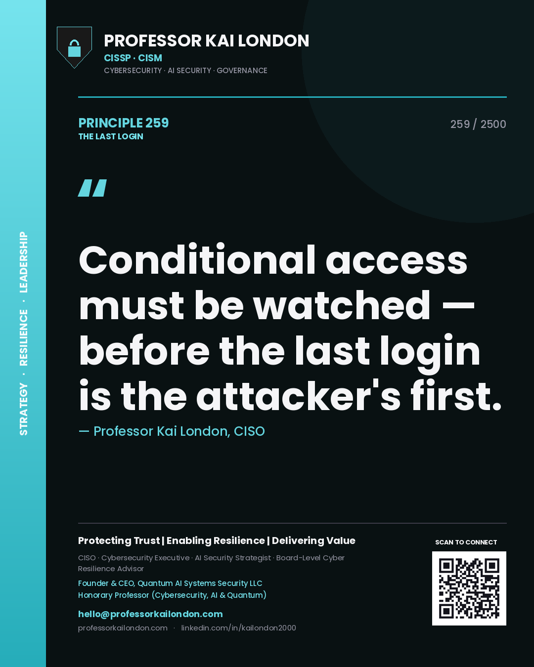 Quote card by Professor Kai London reading 'Conditional access must be watched — before the last login is the attacker's first.'. From the book The Last Login.