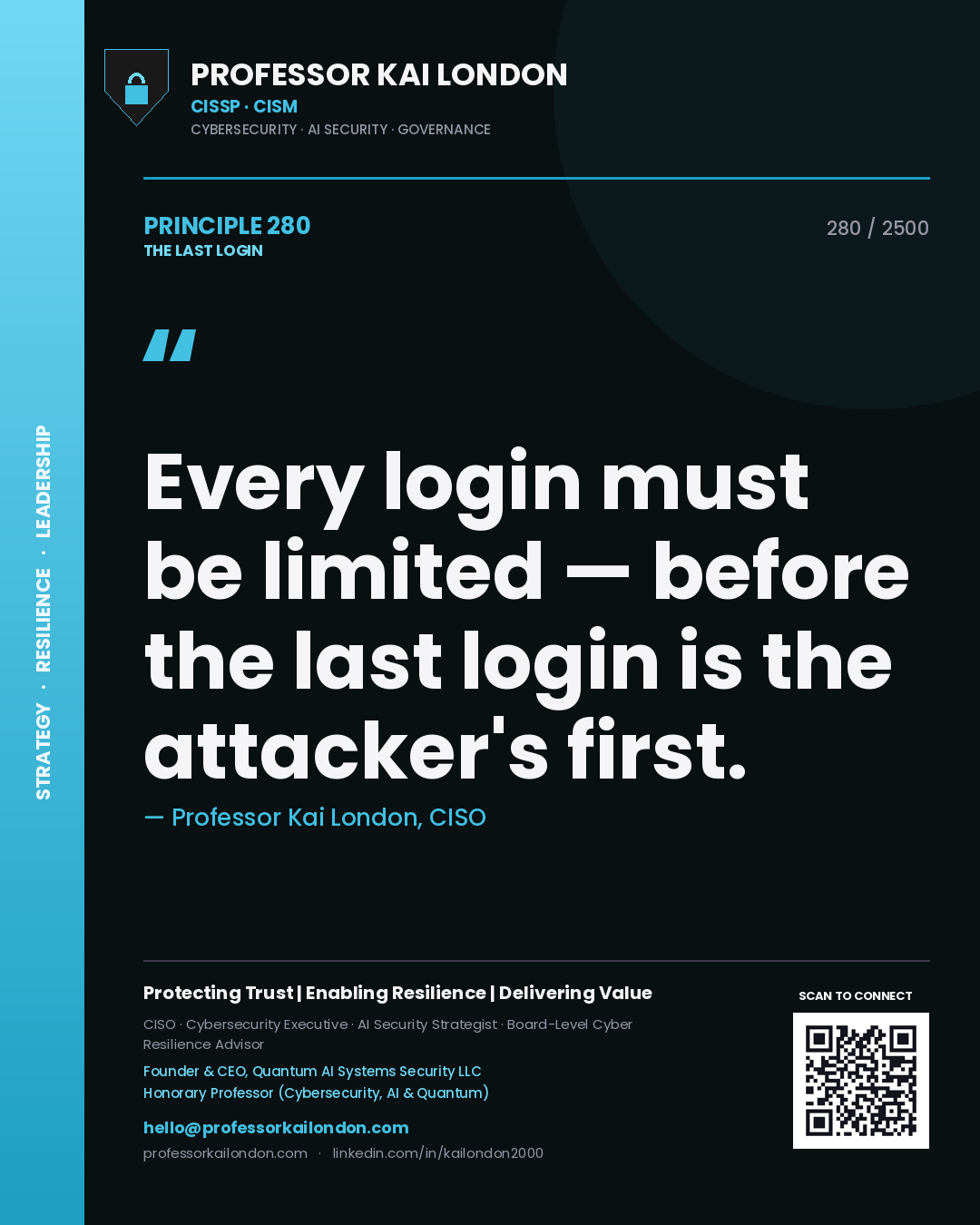 Quote card by Professor Kai London reading 'Every login must be limited — before the last login is the attacker's first.'. From the book The Last Login.