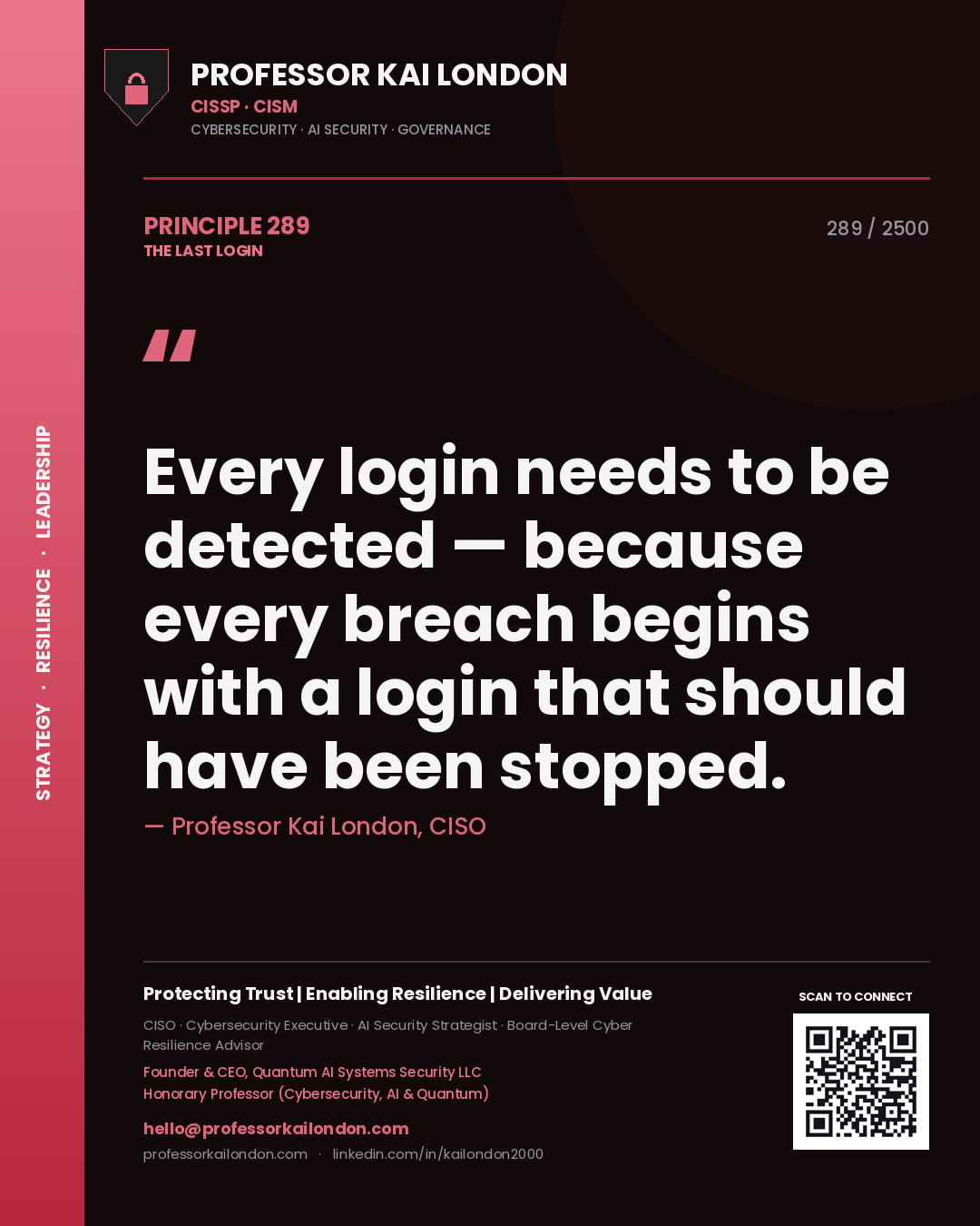 Quote card by Professor Kai London reading 'Every login needs to be detected — because every breach begins with a login that should have been stopped.'. From the book The Last Login.