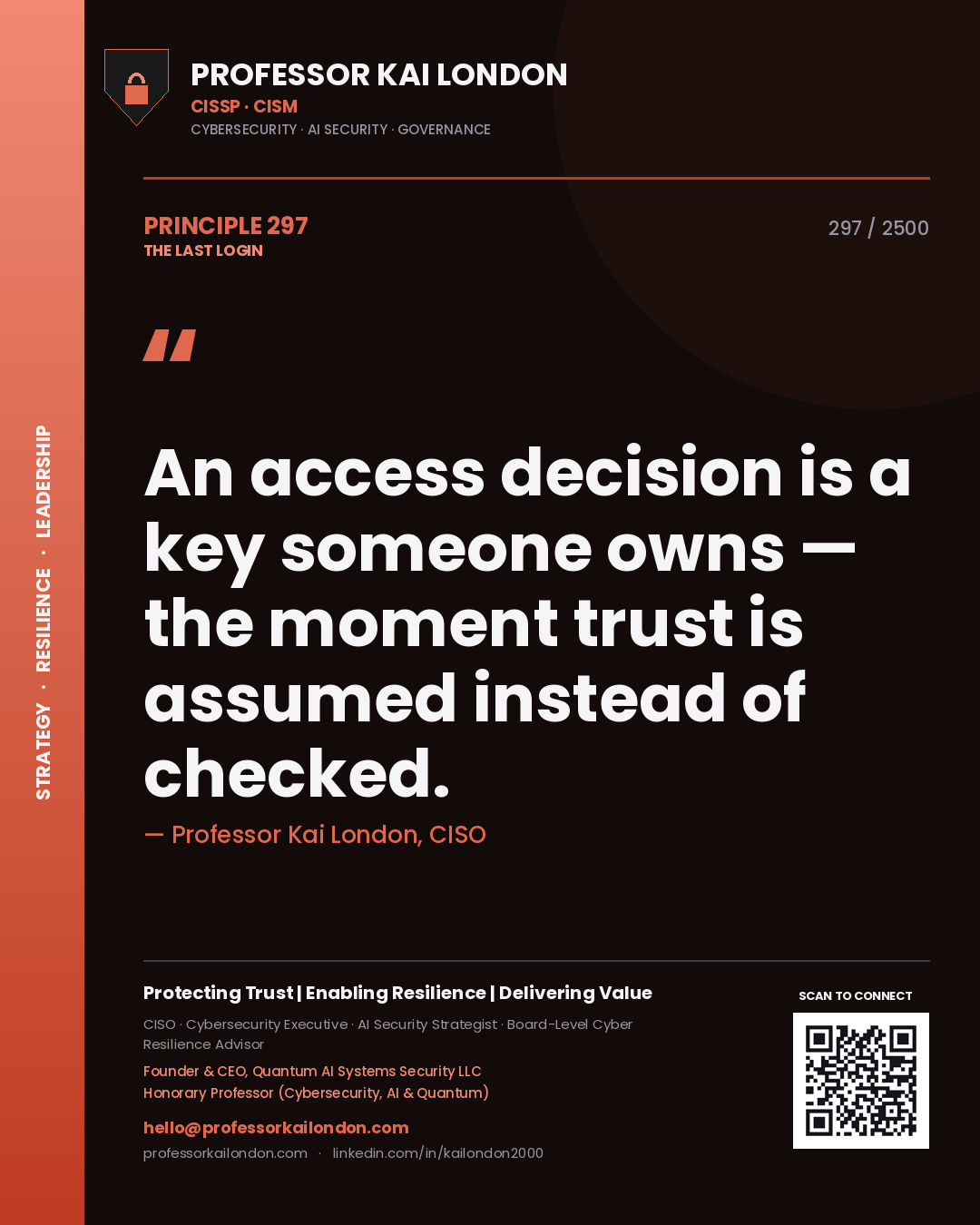 Quote card by Professor Kai London reading 'An access decision is a key someone owns — the moment trust is assumed instead of checked.'. From the book The Last Login.