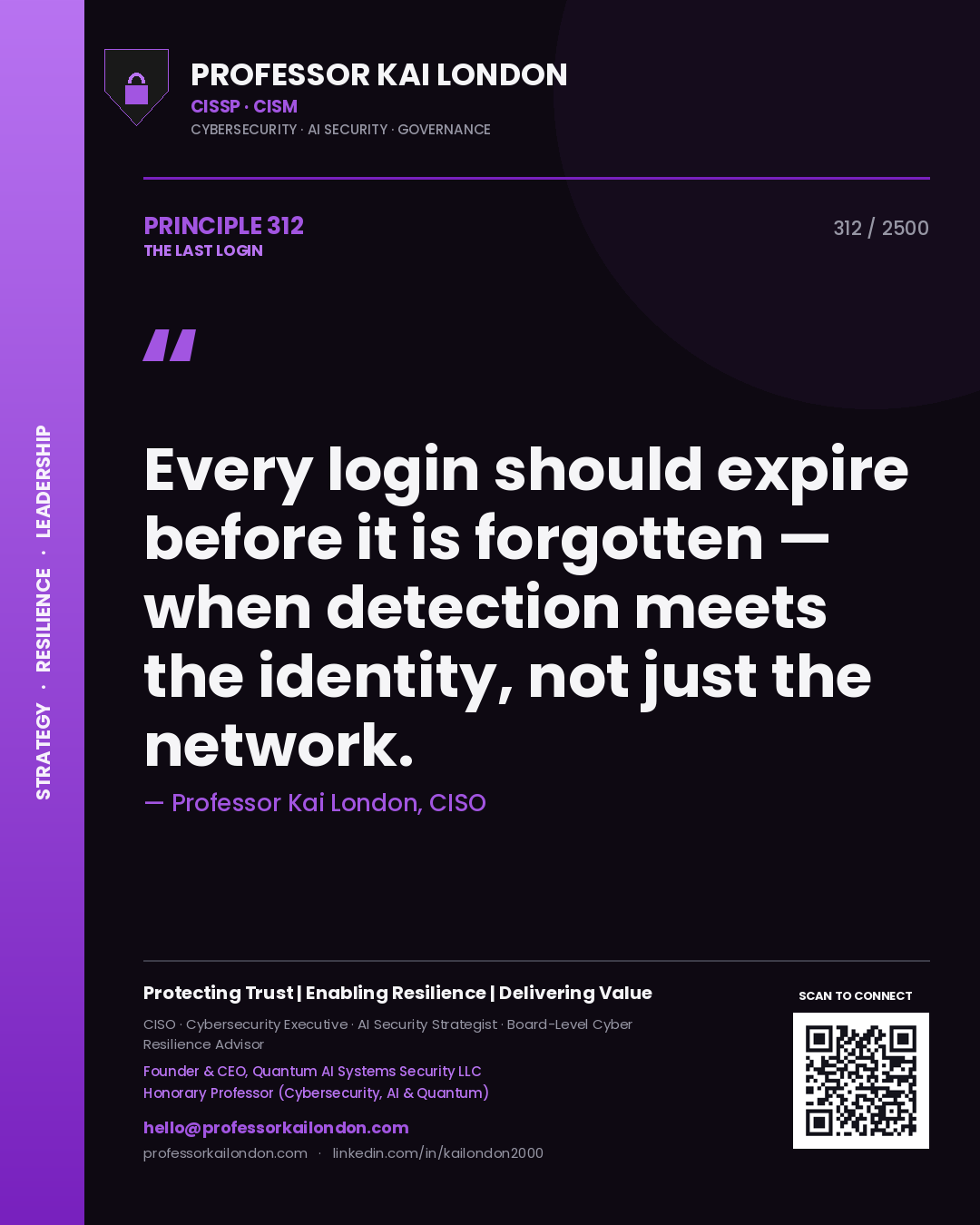 Quote card by Professor Kai London reading 'Every login should expire before it is forgotten — when detection meets the identity, not just the network.'. From the book The Last Login.
