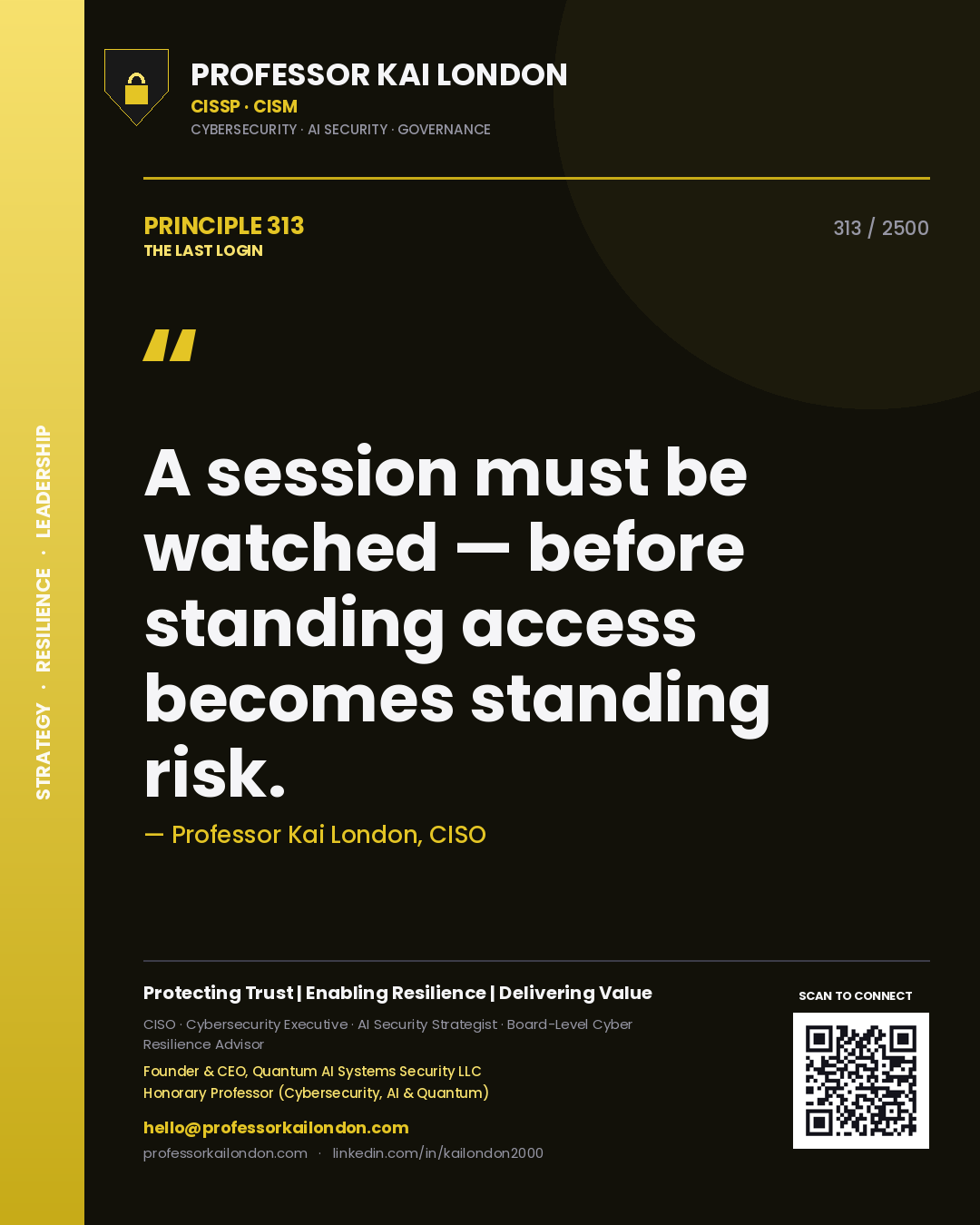Professor Kai London principle 313: A session must be watched — before standing access becomes standing risk.