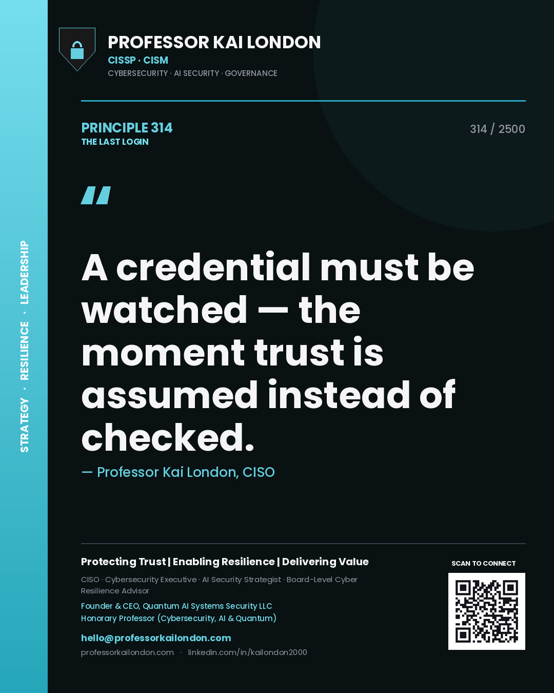 Quote card by Professor Kai London reading 'A credential must be watched — the moment trust is assumed instead of checked.'. From the book The Last Login.
