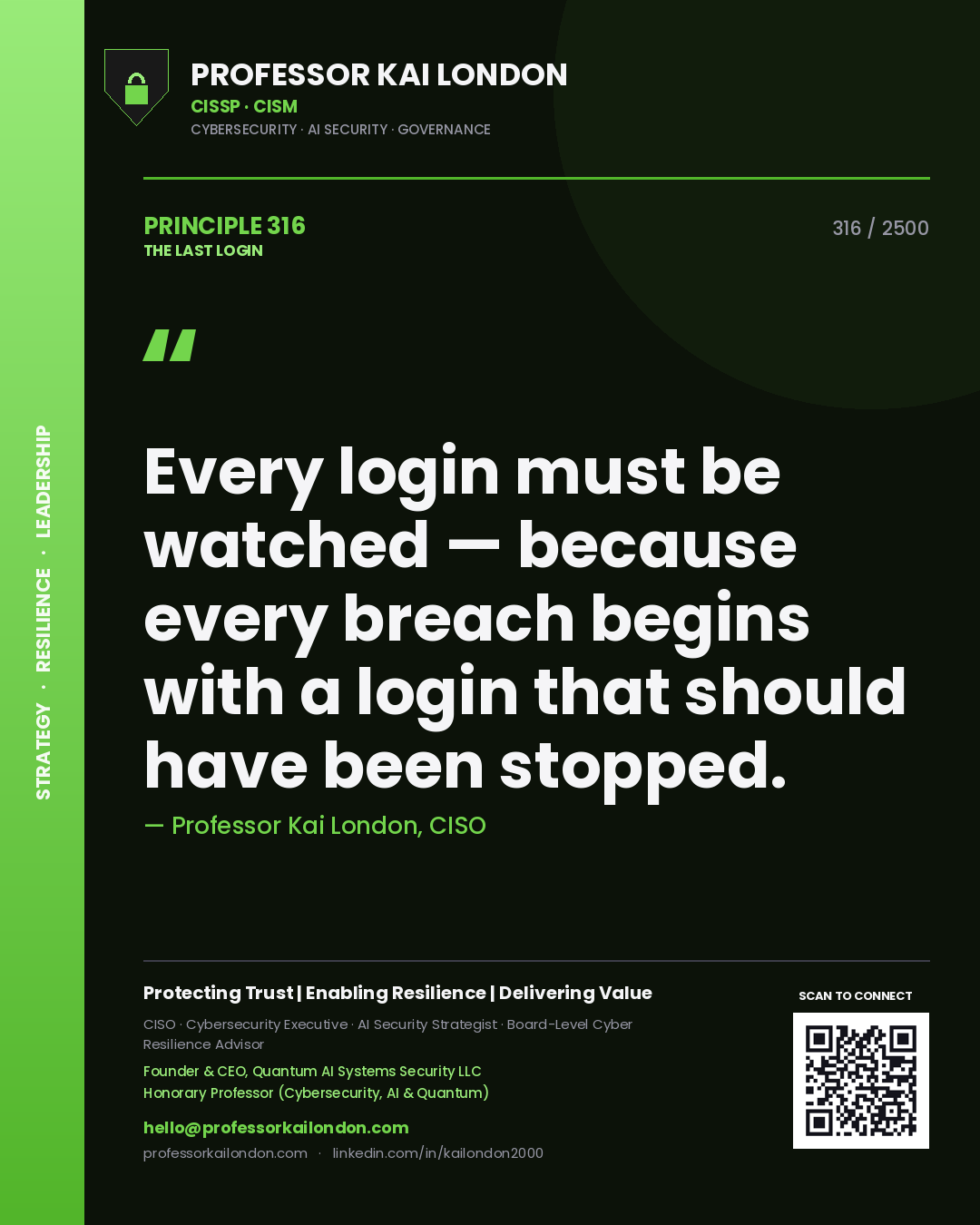 Quote card by Professor Kai London reading 'Every login must be watched — because every breach begins with a login that should have been stopped.'. From the book The Last Login.