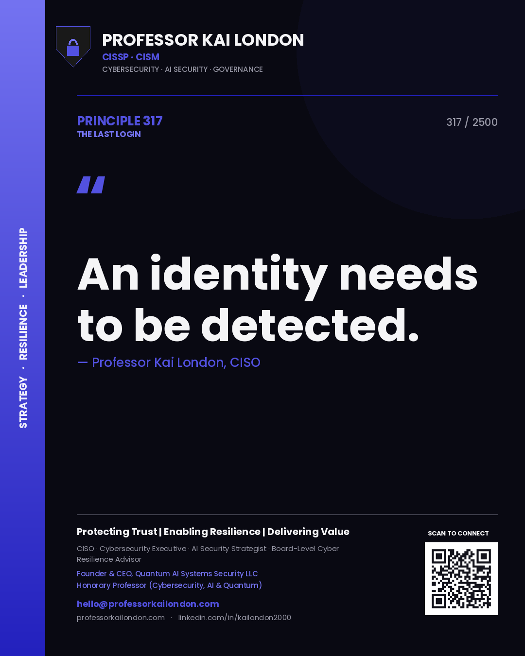 Quote card by Professor Kai London reading 'An identity needs to be detected.'. From the book The Last Login.