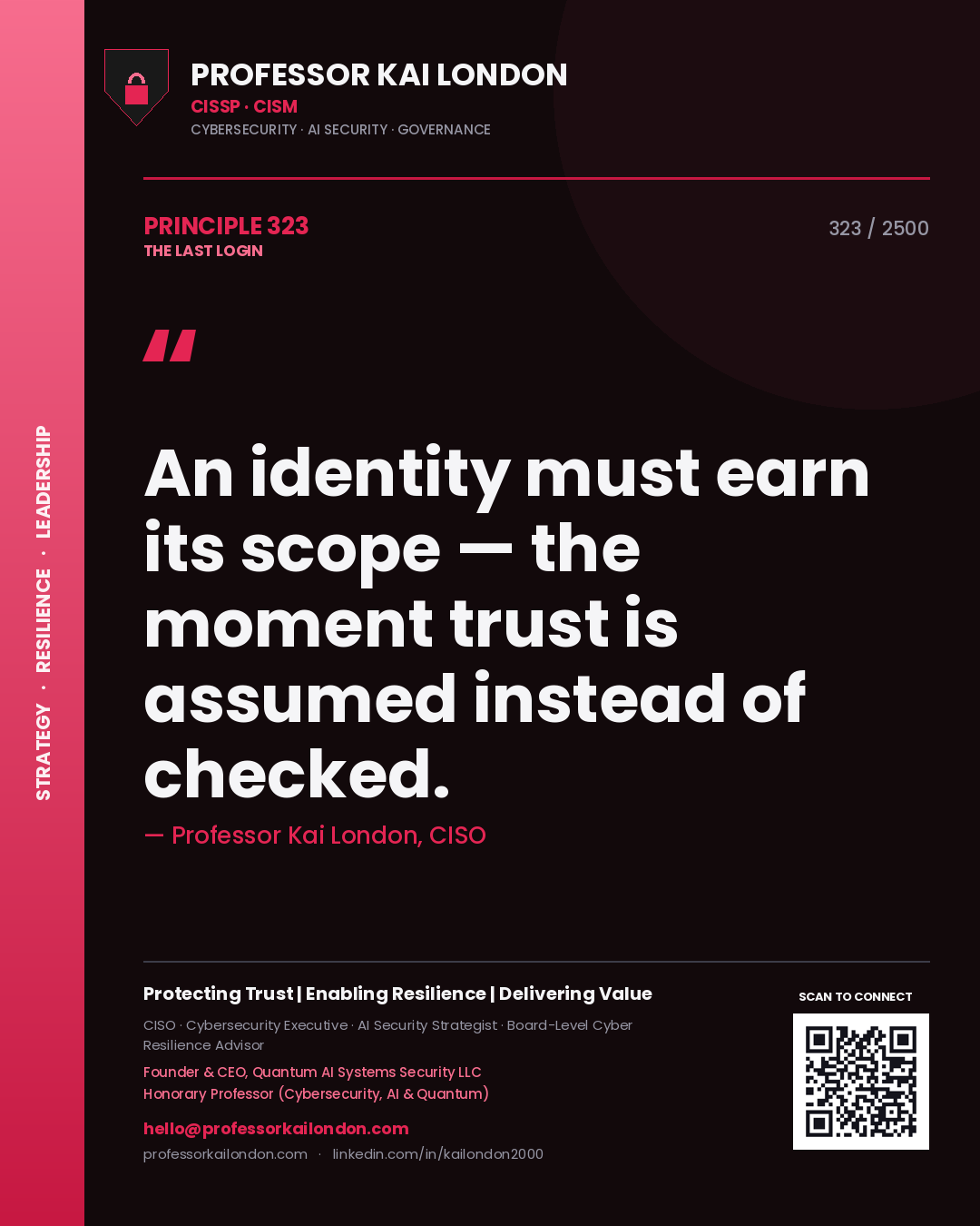 Quote card by Professor Kai London reading 'An identity must earn its scope — the moment trust is assumed instead of checked.'. From the book The Last Login.