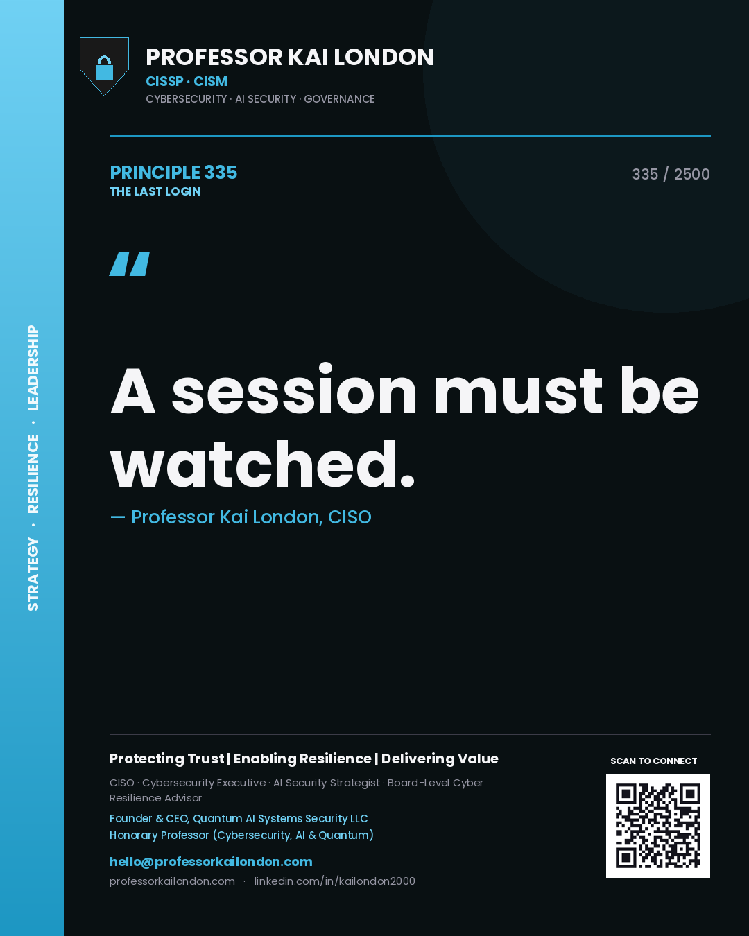 Quote card by Professor Kai London reading 'A session must be watched.'. From the book The Last Login.