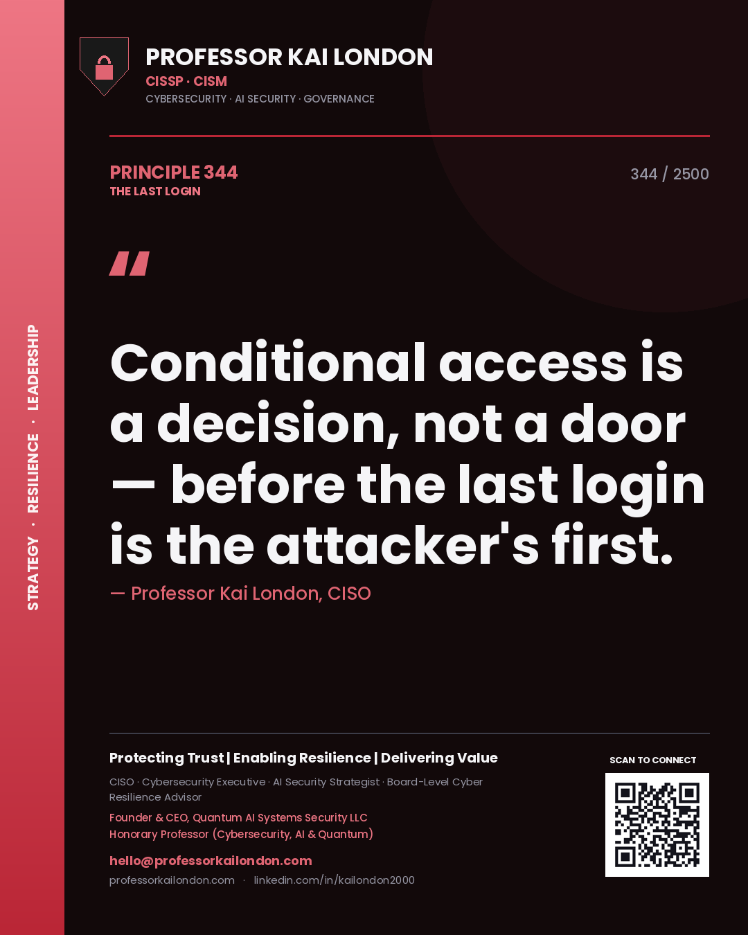 Quote card by Professor Kai London reading 'Conditional access is a decision, not a door — before the last login is the attacker's first.'. From the book The Last Login.