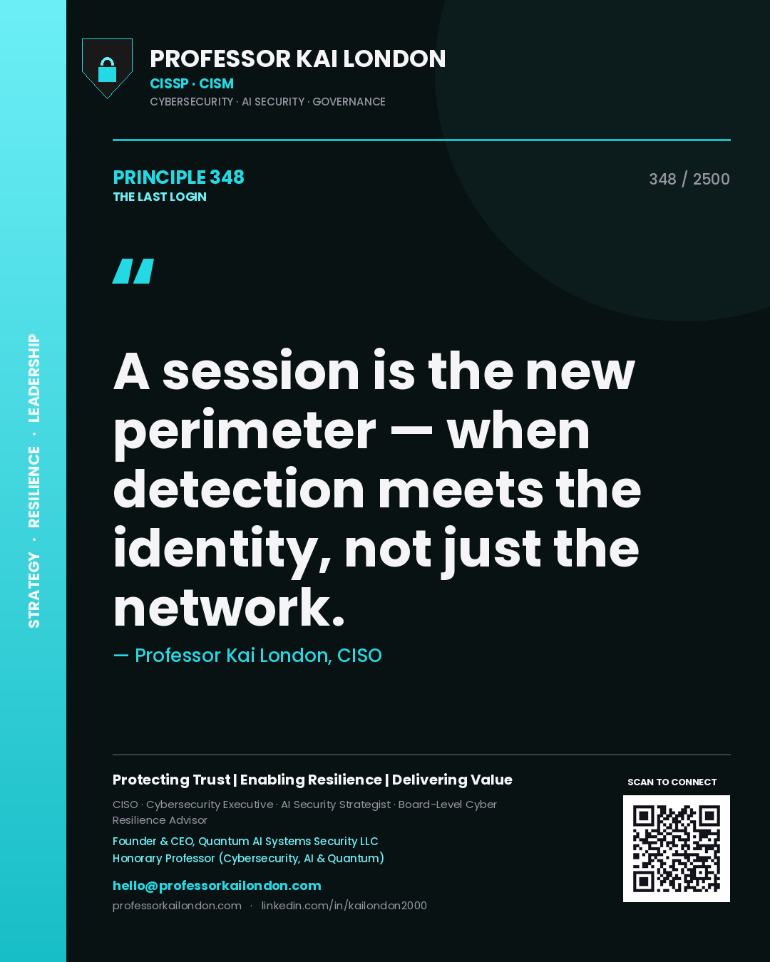 Quote card by Professor Kai London reading 'A session is the new perimeter — when detection meets the identity, not just the network.'. From the book The Last Login.