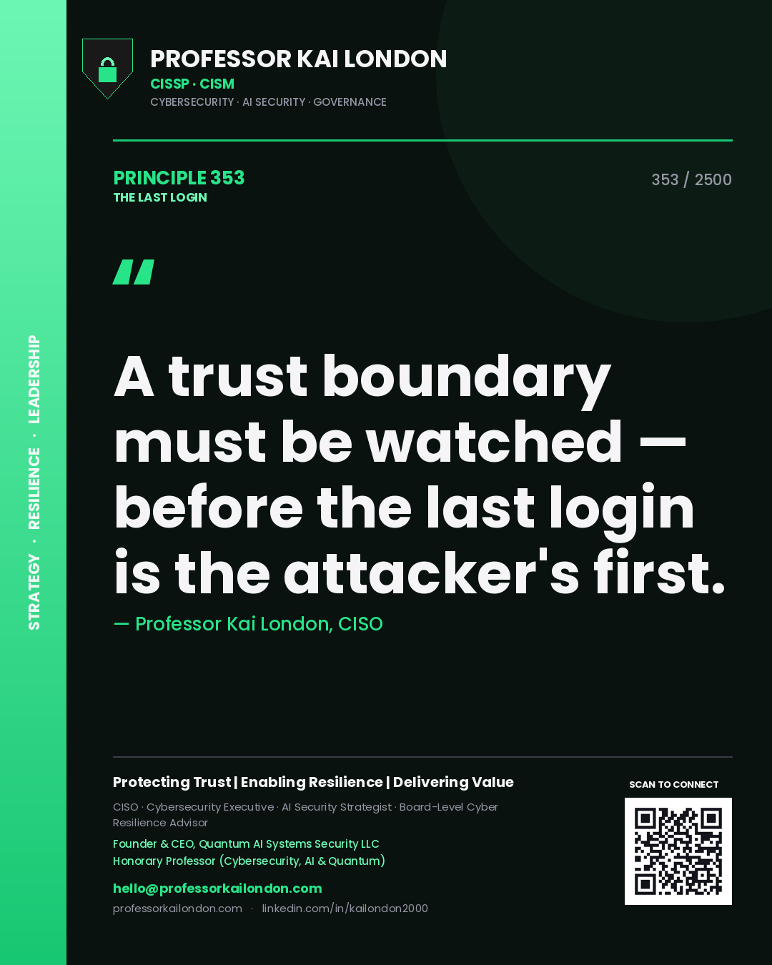 Quote card by Professor Kai London reading 'A trust boundary must be watched — before the last login is the attacker's first.'. From the book The Last Login.