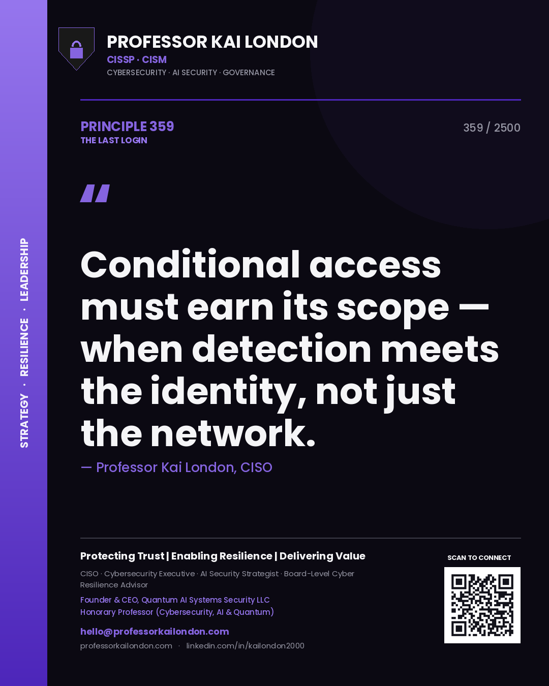 Quote card by Professor Kai London reading 'Conditional access must earn its scope — when detection meets the identity, not just the network.'. From the book The Last Login.