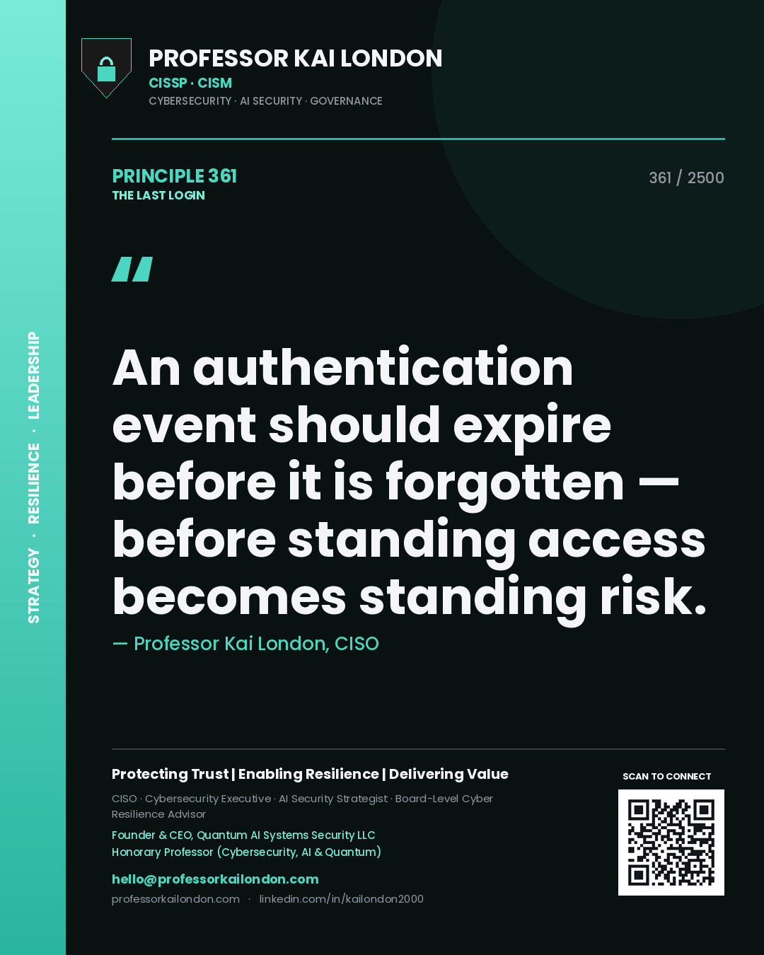 Quote card by Professor Kai London reading 'An authentication event should expire before it is forgotten — before standing access becomes standing risk.'. From the book The Last Login.