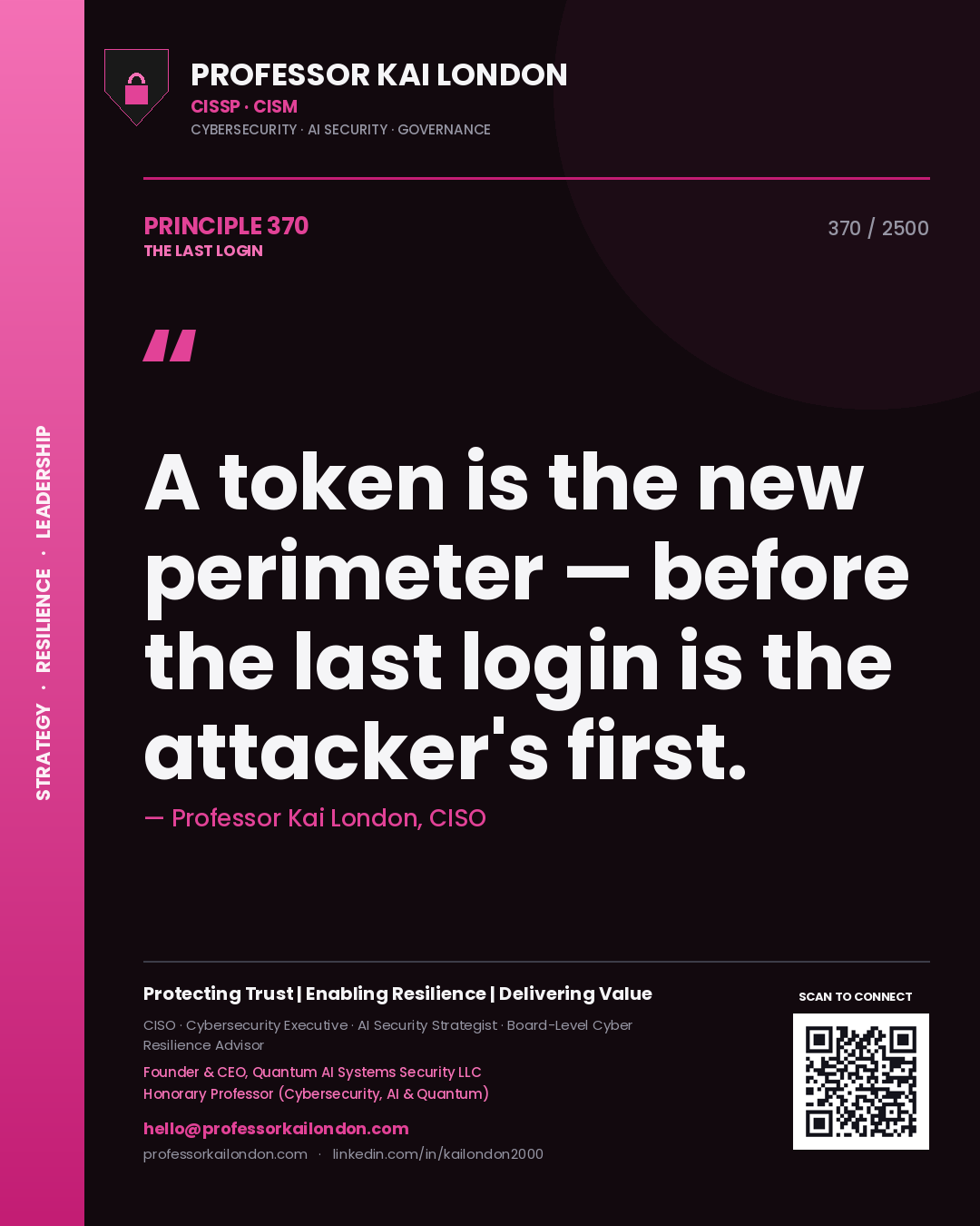 Quote card by Professor Kai London reading 'A token is the new perimeter — before the last login is the attacker's first.'. From the book The Last Login.