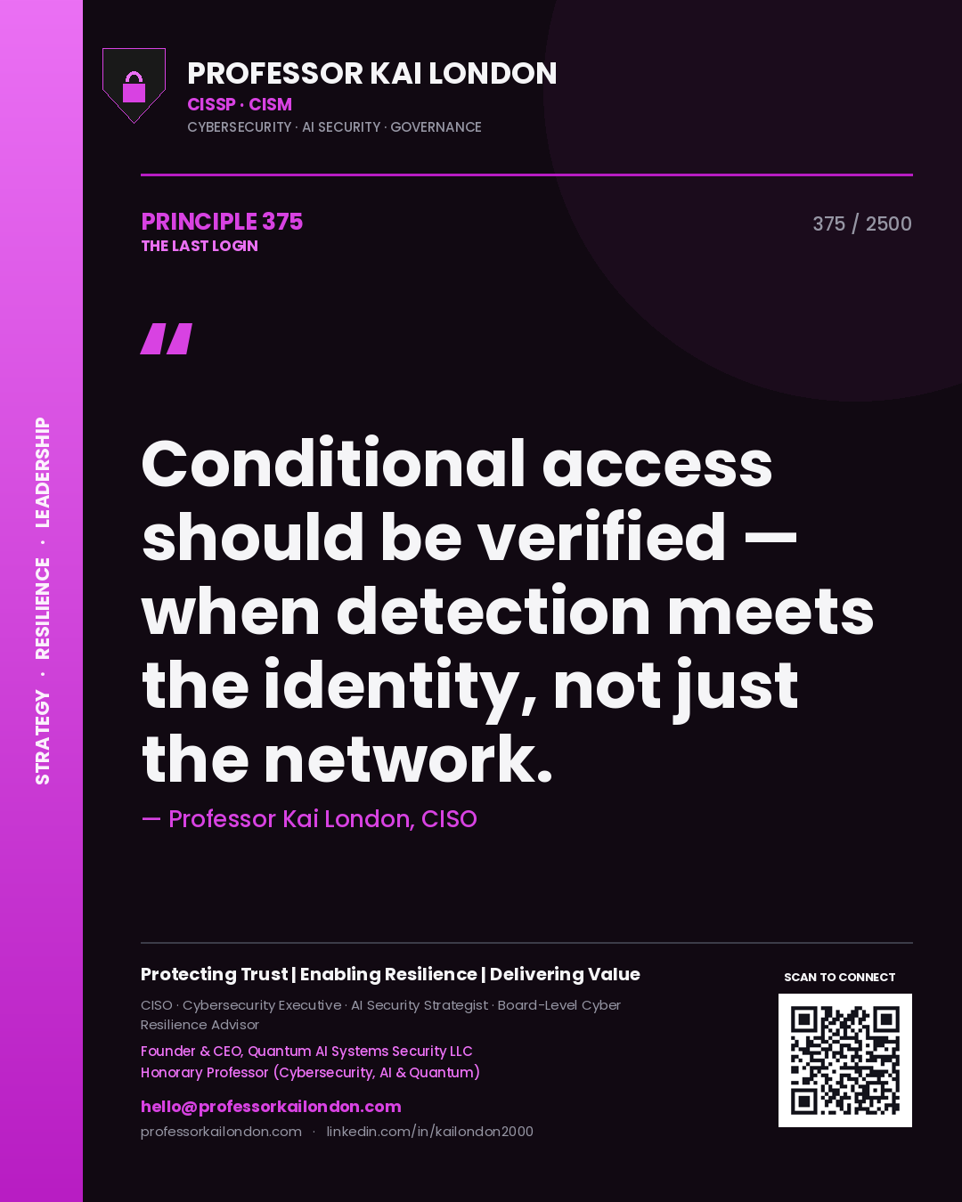Quote card by Professor Kai London reading 'Conditional access should be verified — when detection meets the identity, not just the network.'. From the book The Last Login.