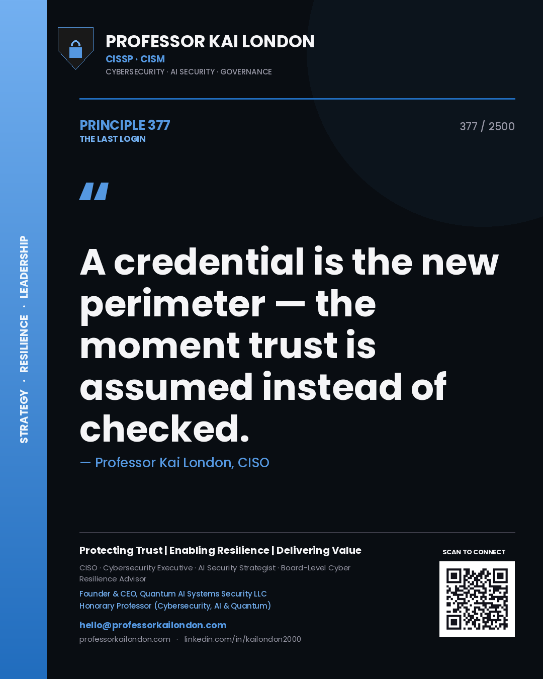 Quote card by Professor Kai London reading 'A credential is the new perimeter — the moment trust is assumed instead of checked.'. From the book The Last Login.