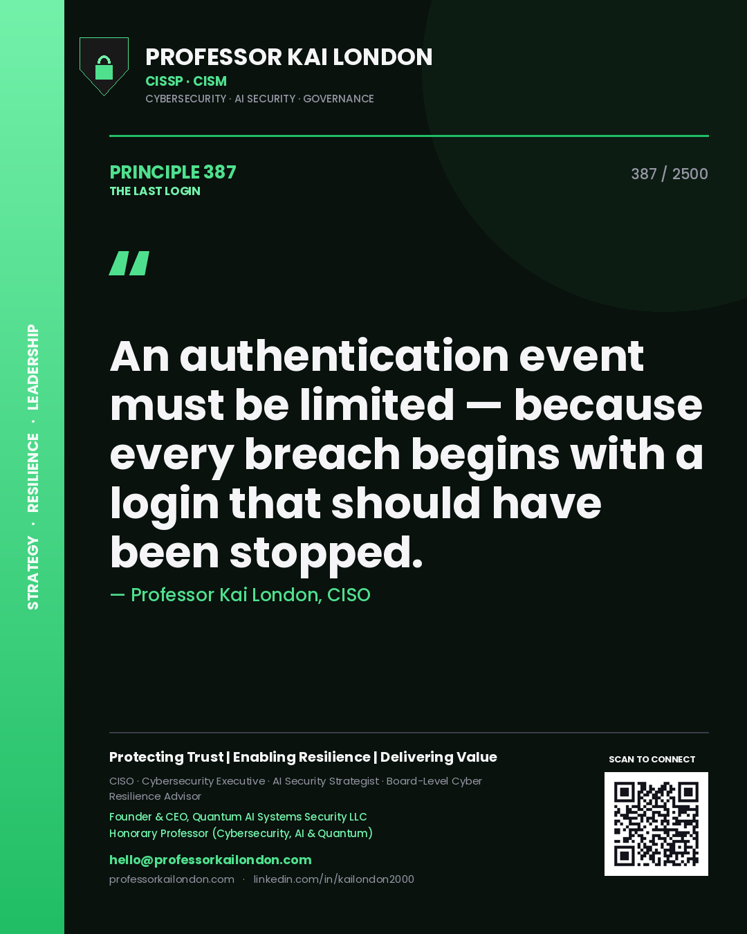 Quote card by Professor Kai London reading 'An authentication event must be limited — because every breach begins with a login that should have been stopped.'. From the book The Last Login.