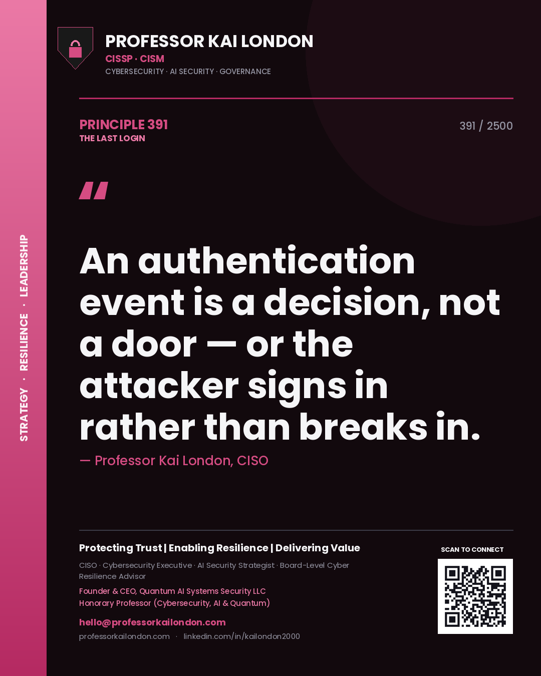 Quote card by Professor Kai London reading 'An authentication event is a decision, not a door — or the attacker signs in rather than breaks in.'. From the book The Last Login.