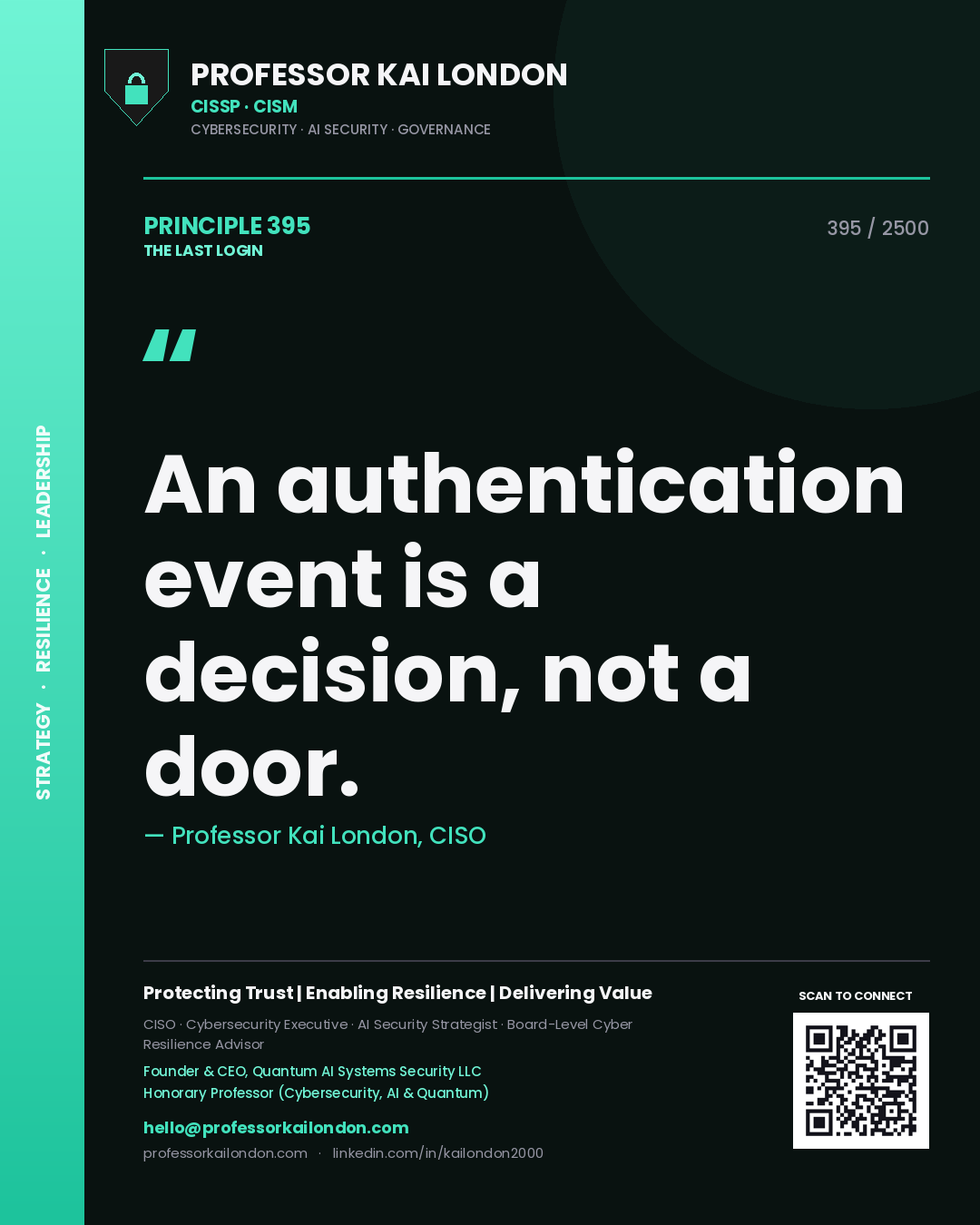 Quote card by Professor Kai London reading 'An authentication event is a decision, not a door.'. From the book The Last Login.