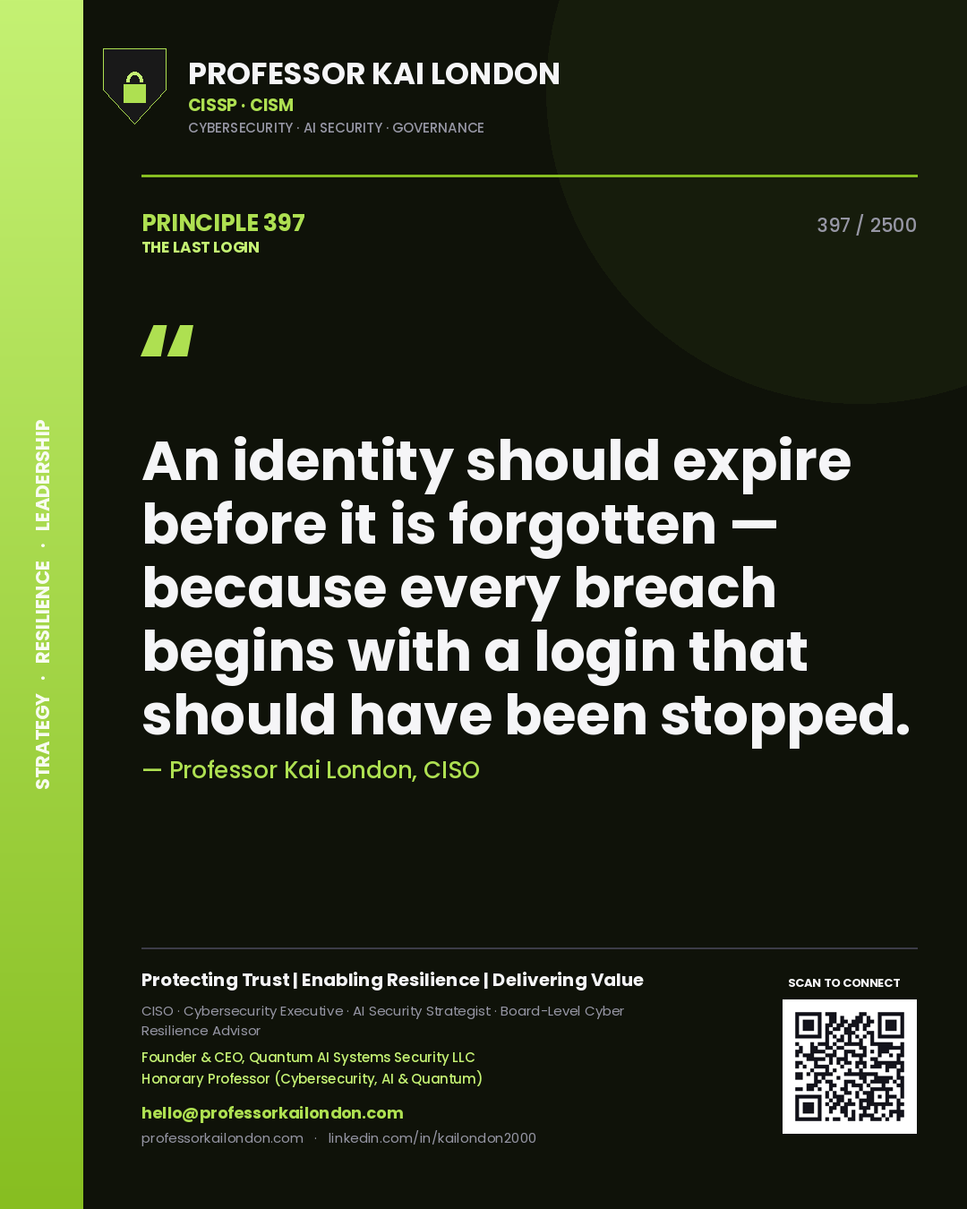 Quote card by Professor Kai London reading 'An identity should expire before it is forgotten — because every breach begins with a login that should have been stopped.'. From the book The Last Login.