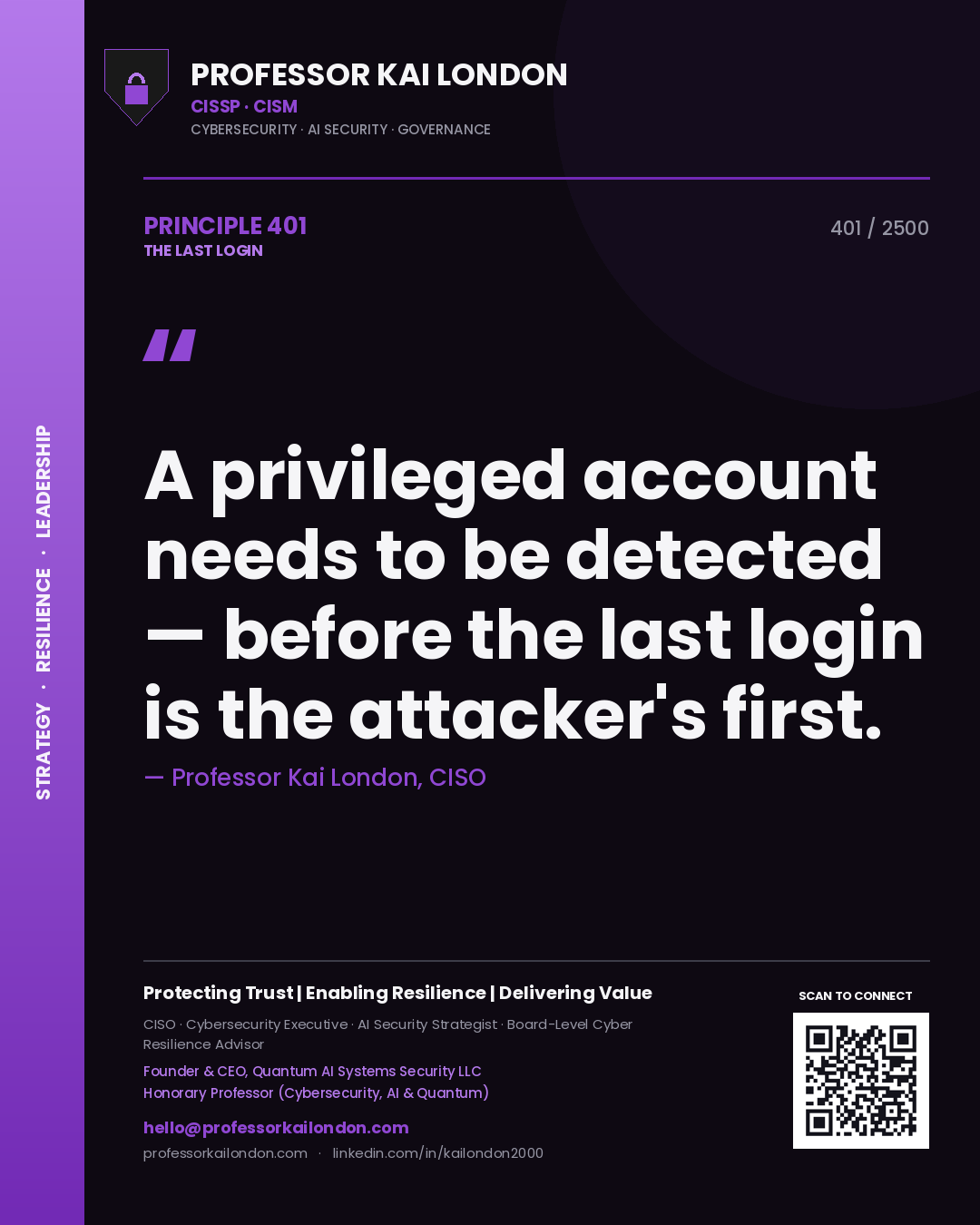 Quote card by Professor Kai London reading 'A privileged account needs to be detected — before the last login is the attacker's first.'. From the book The Last Login.