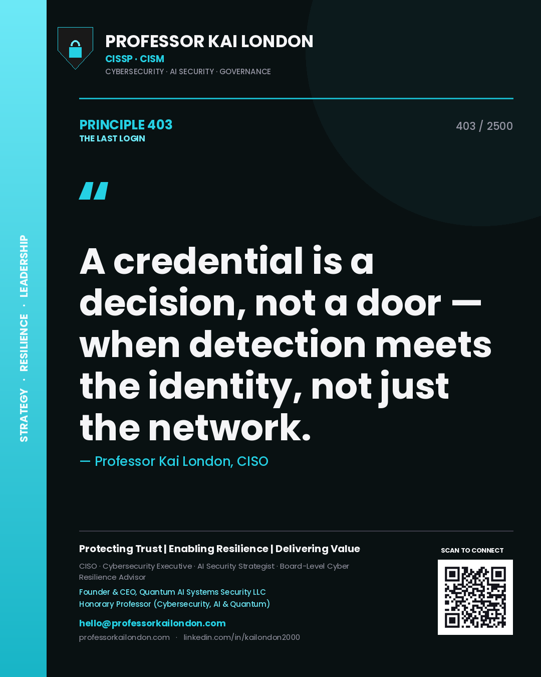 Quote card by Professor Kai London reading 'A credential is a decision, not a door — when detection meets the identity, not just the network.'. From the book The Last Login.