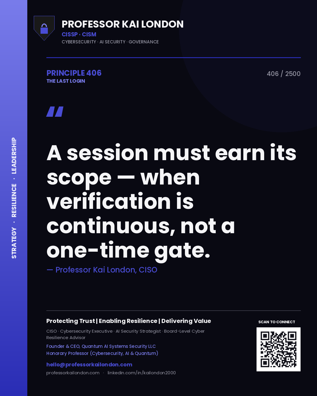 Quote card by Professor Kai London reading 'A session must earn its scope — when verification is continuous, not a one-time gate.'. From the book The Last Login.
