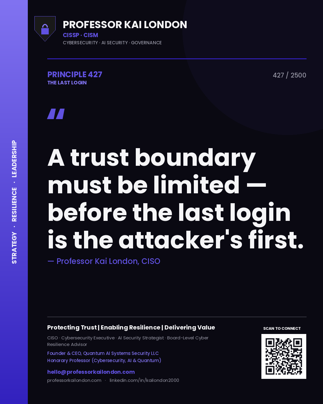 Quote card by Professor Kai London reading 'A trust boundary must be limited — before the last login is the attacker's first.'. From the book The Last Login.