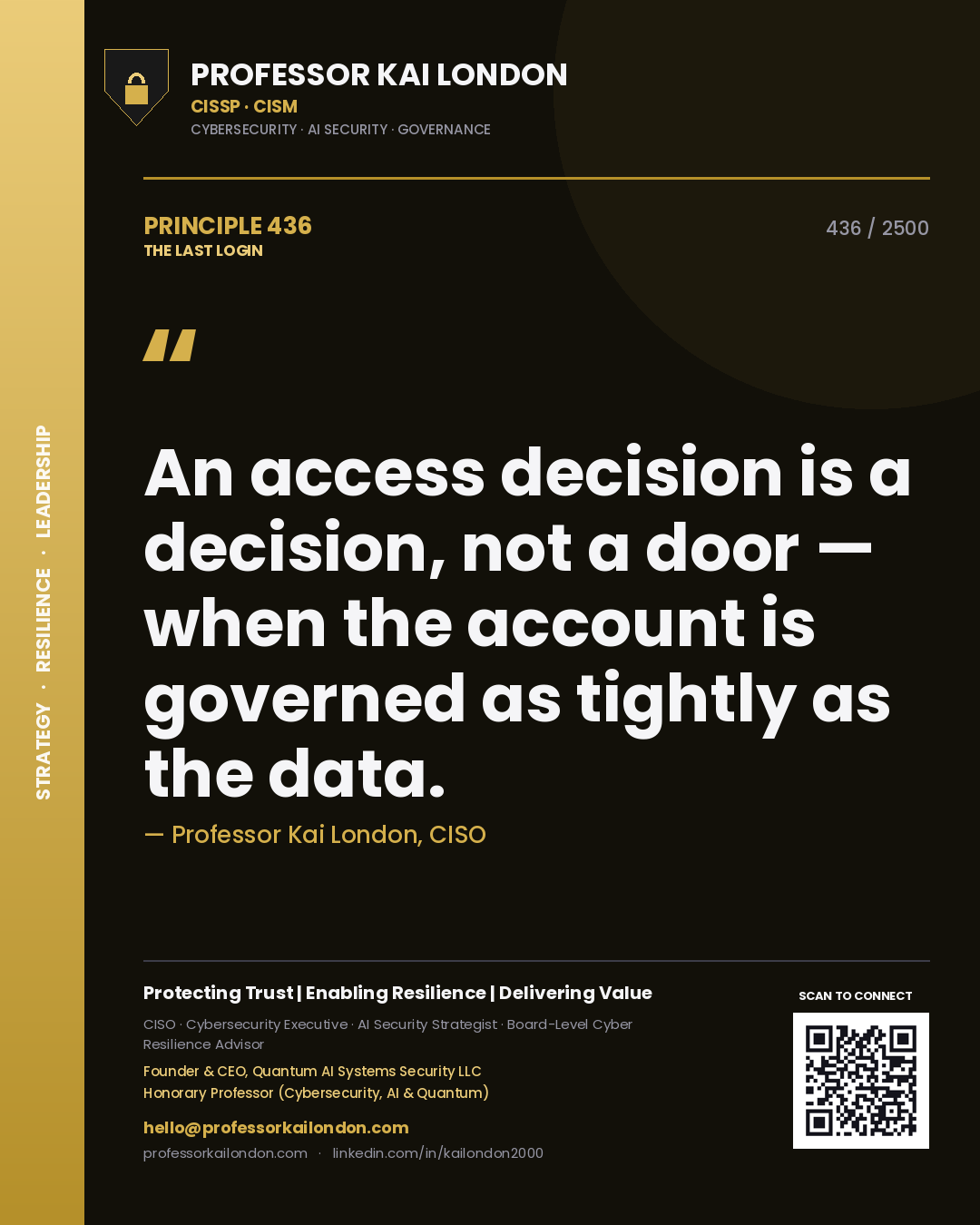 Quote card by Professor Kai London reading 'An access decision is a decision, not a door — when the account is governed as tightly as the data.'. From the book The Last Login.