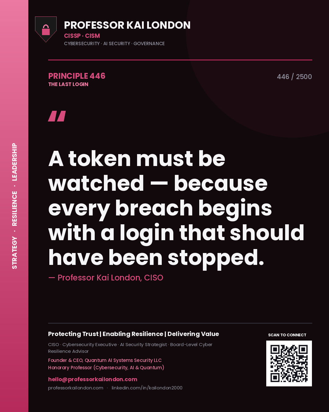 Quote card by Professor Kai London reading 'A token must be watched — because every breach begins with a login that should have been stopped.'. From the book The Last Login.