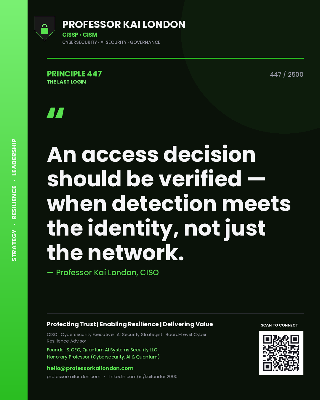Quote card by Professor Kai London reading 'An access decision should be verified — when detection meets the identity, not just the network.'. From the book The Last Login.