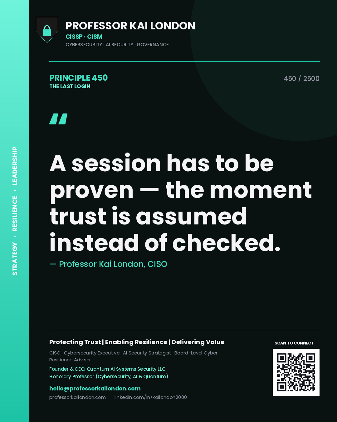 Quote card by Professor Kai London reading 'A session has to be proven — the moment trust is assumed instead of checked.'. From the book The Last Login.