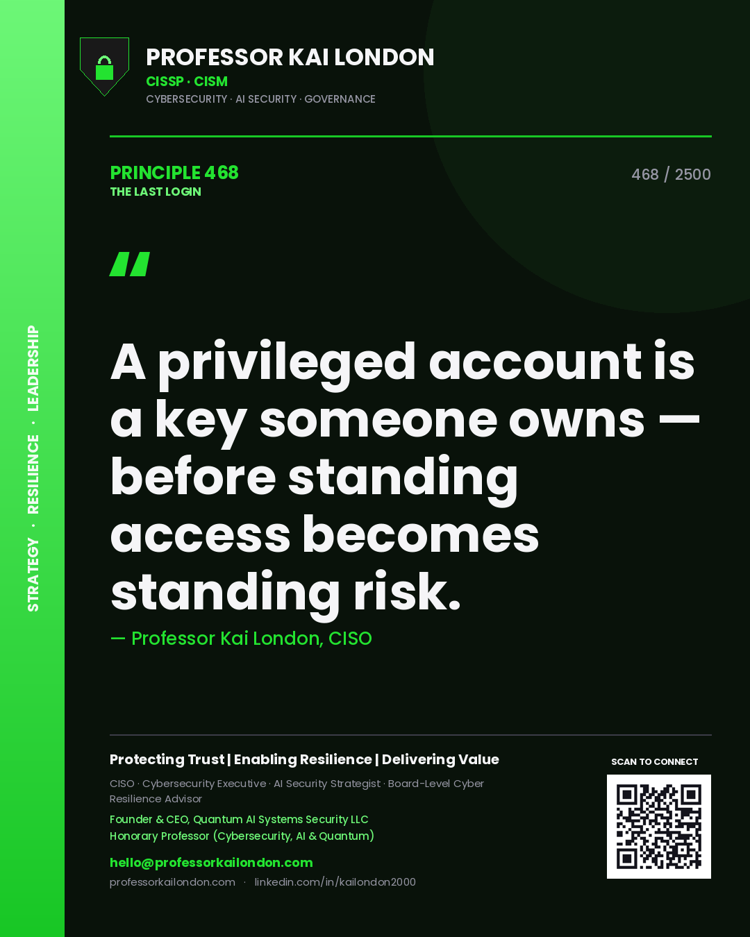 Quote card by Professor Kai London reading 'A privileged account is a key someone owns — before standing access becomes standing risk.'. From the book The Last Login.