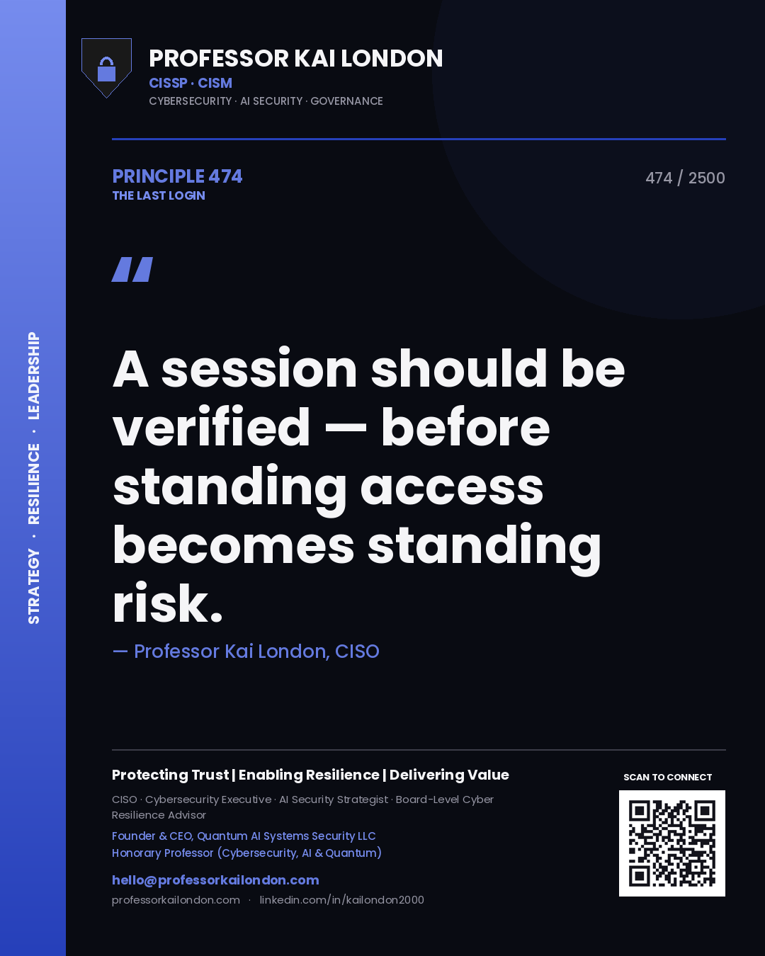 Quote card by Professor Kai London reading 'A session should be verified — before standing access becomes standing risk.'. From the book The Last Login.