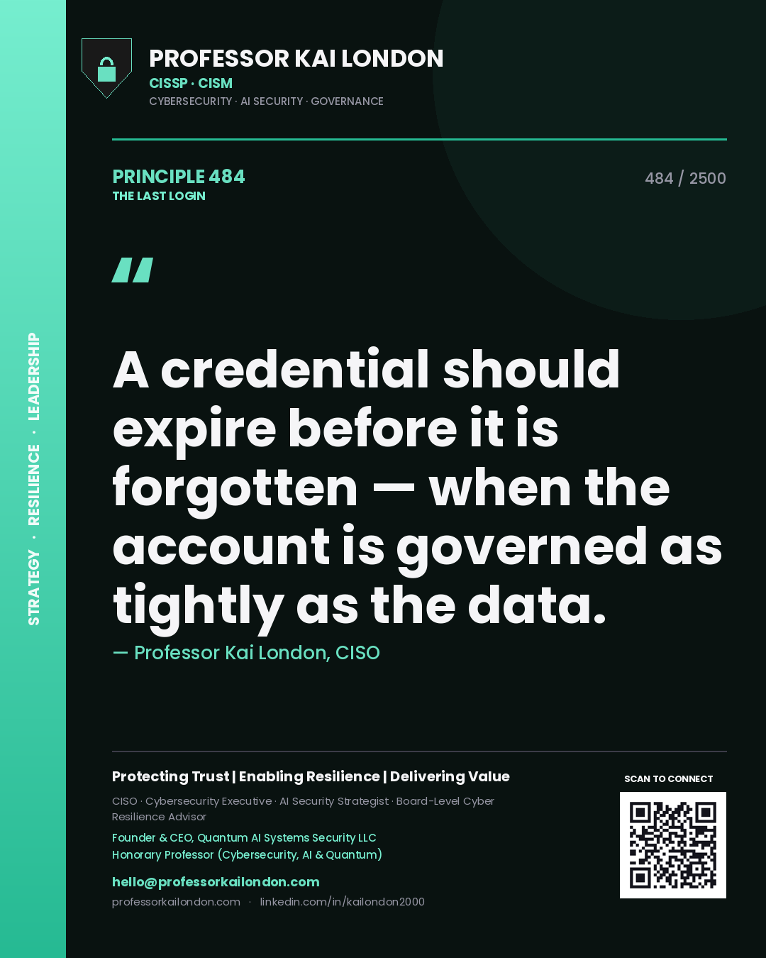 Quote card by Professor Kai London reading 'A credential should expire before it is forgotten — when the account is governed as tightly as the data.'. From the book The Last Login.