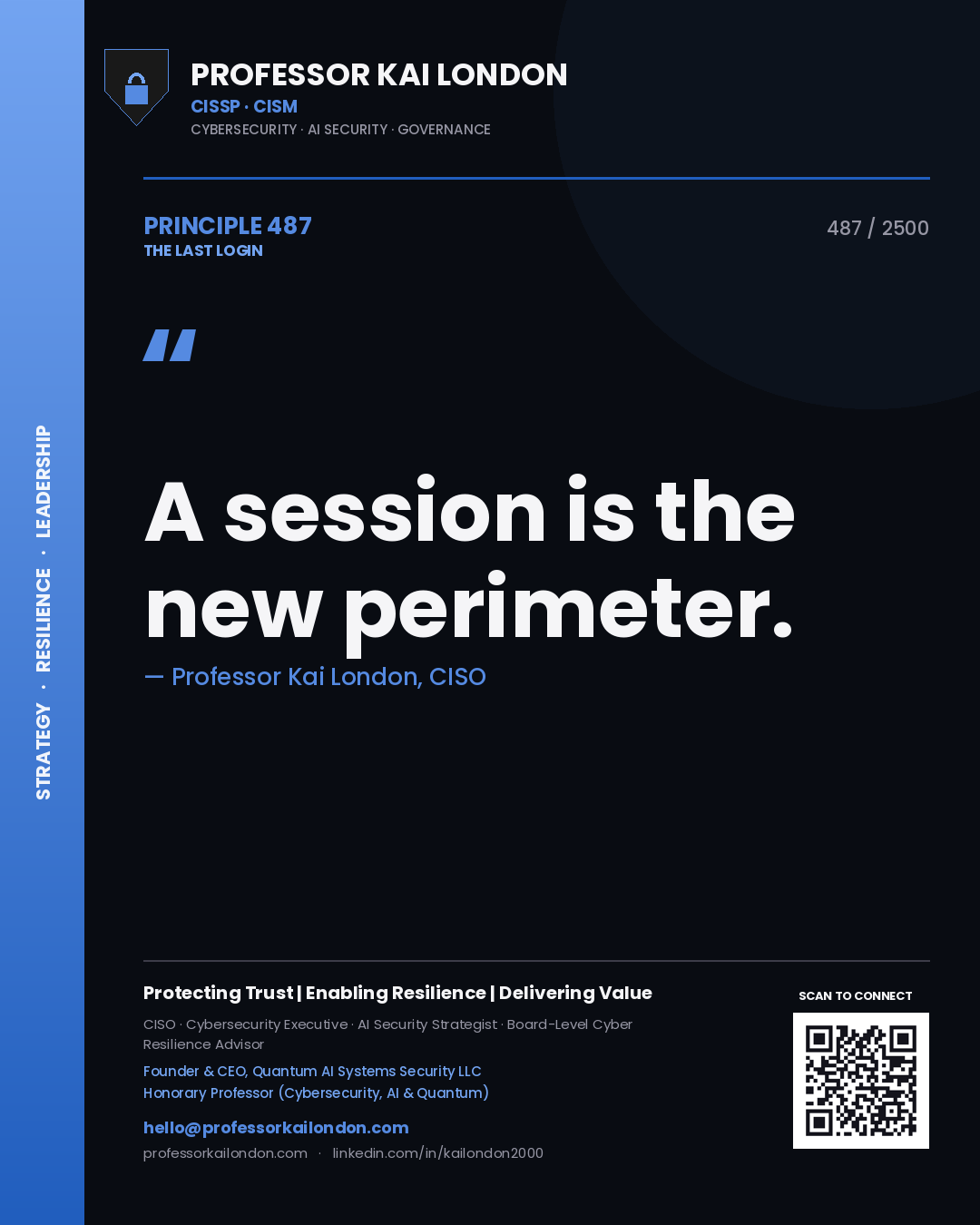 Quote card by Professor Kai London reading 'A session is the new perimeter.'. From the book The Last Login.