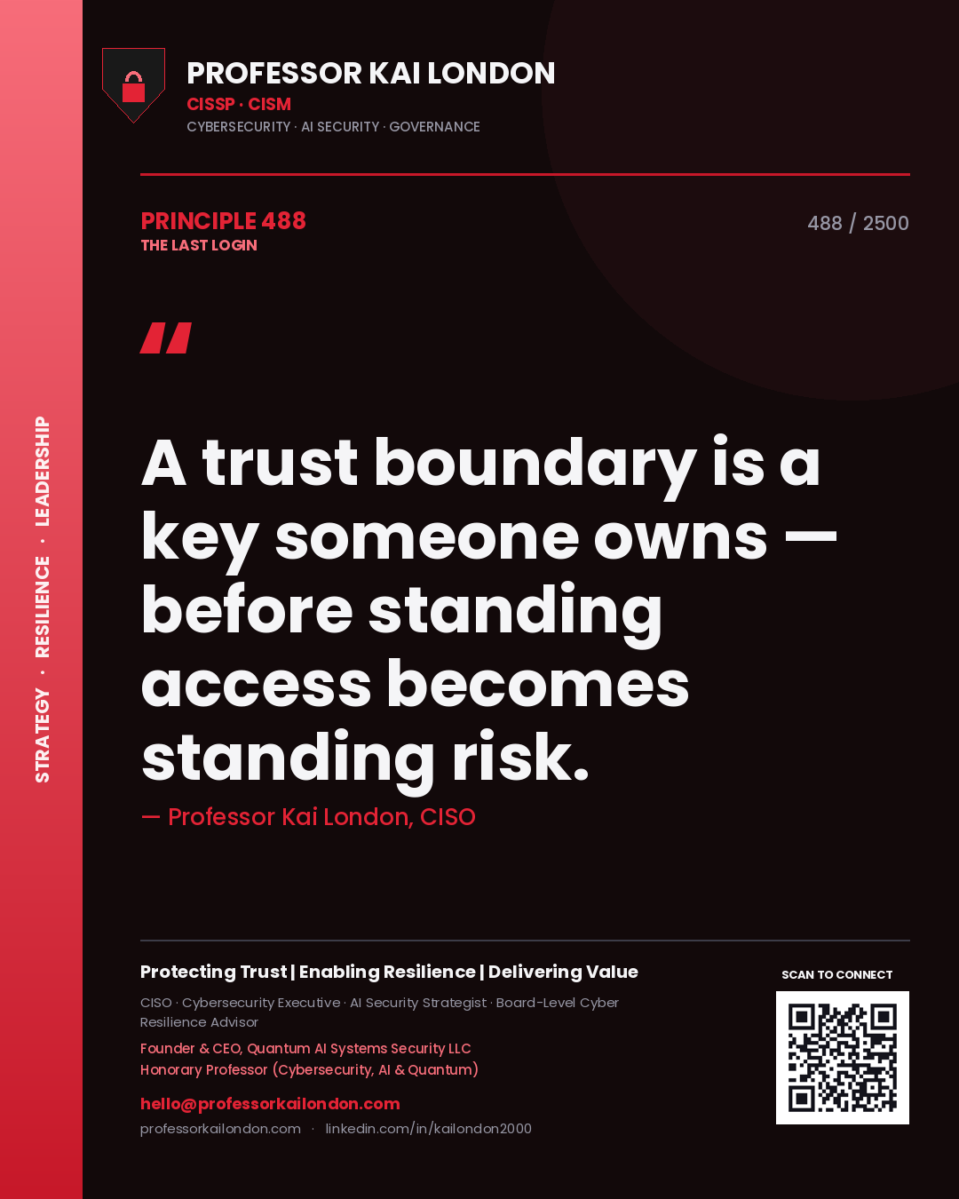 Professor Kai London principle 488: A trust boundary is a key someone owns — before standing access becomes standing risk.