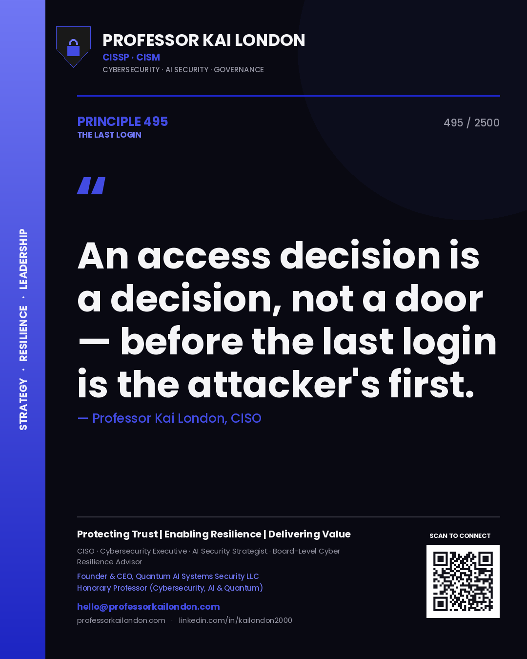 Quote card by Professor Kai London reading 'An access decision is a decision, not a door — before the last login is the attacker's first.'. From the book The Last Login.