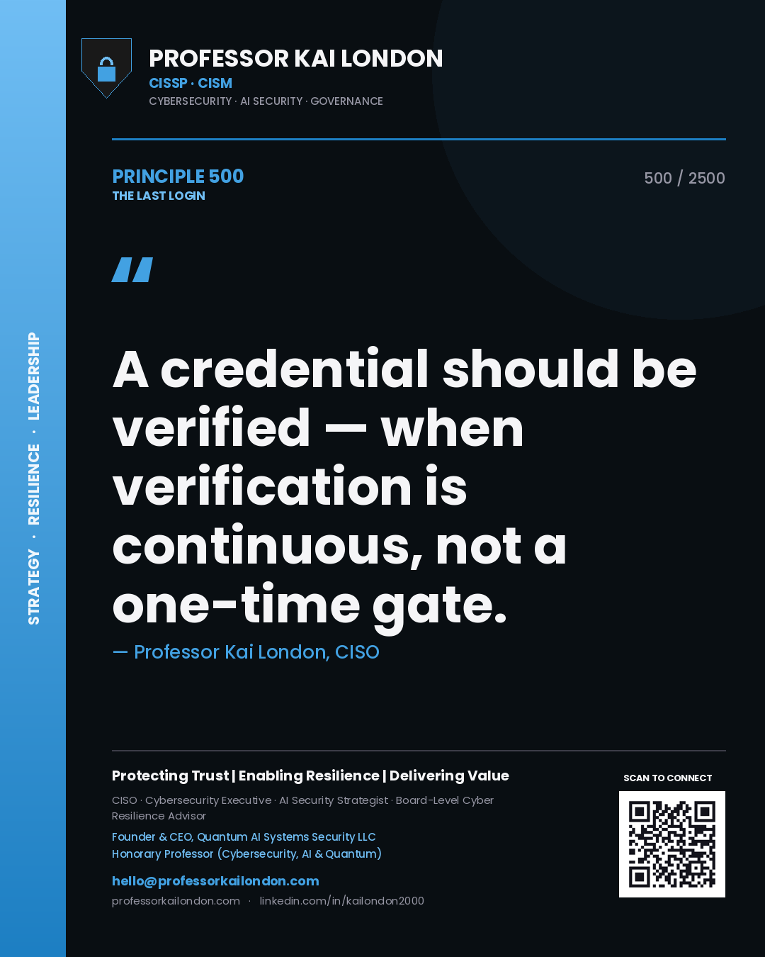 Quote card by Professor Kai London reading 'A credential should be verified — when verification is continuous, not a one-time gate.'. From the book The Last Login.