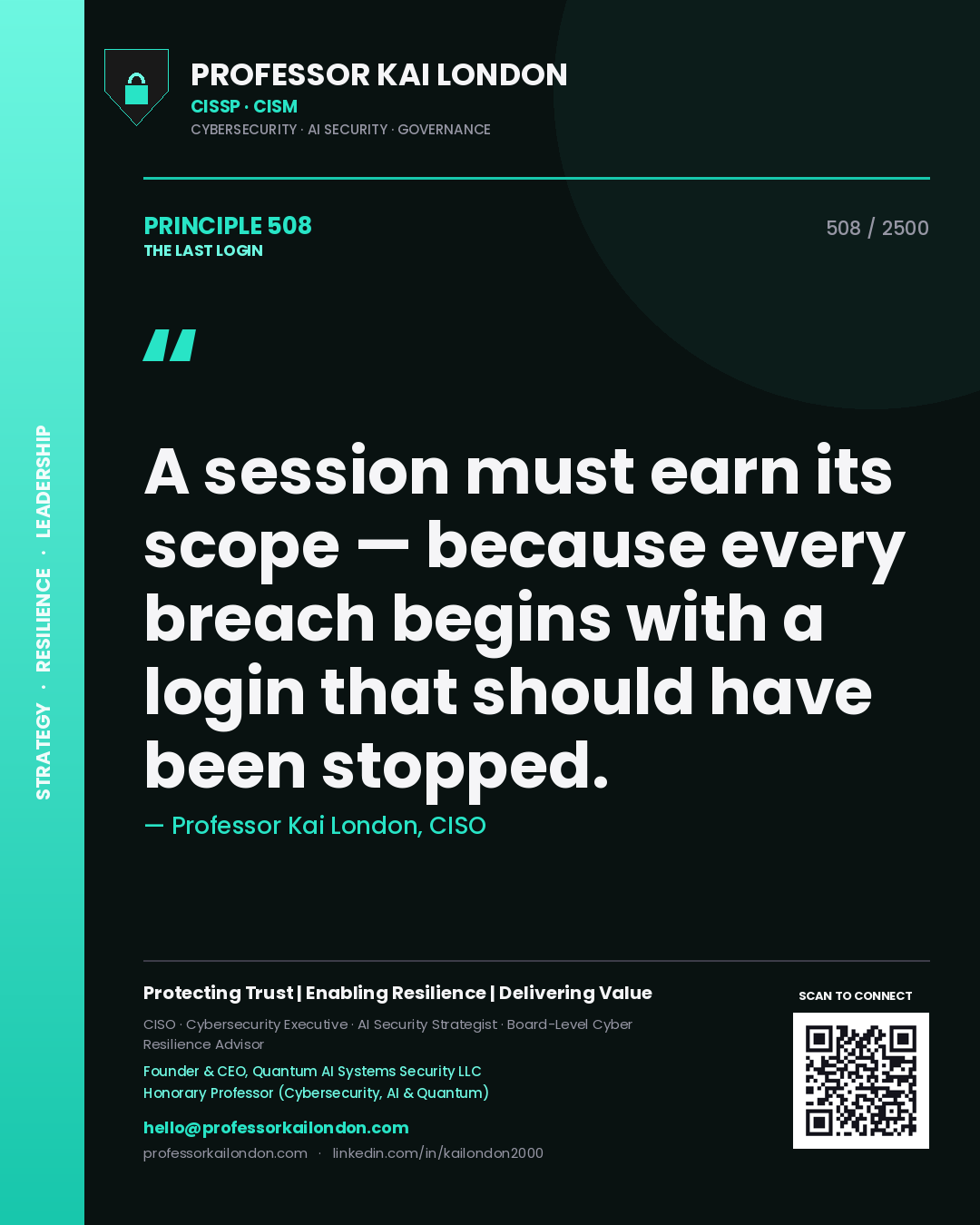 Quote card by Professor Kai London reading 'A session must earn its scope — because every breach begins with a login that should have been stopped.'. From the book The Last Login.