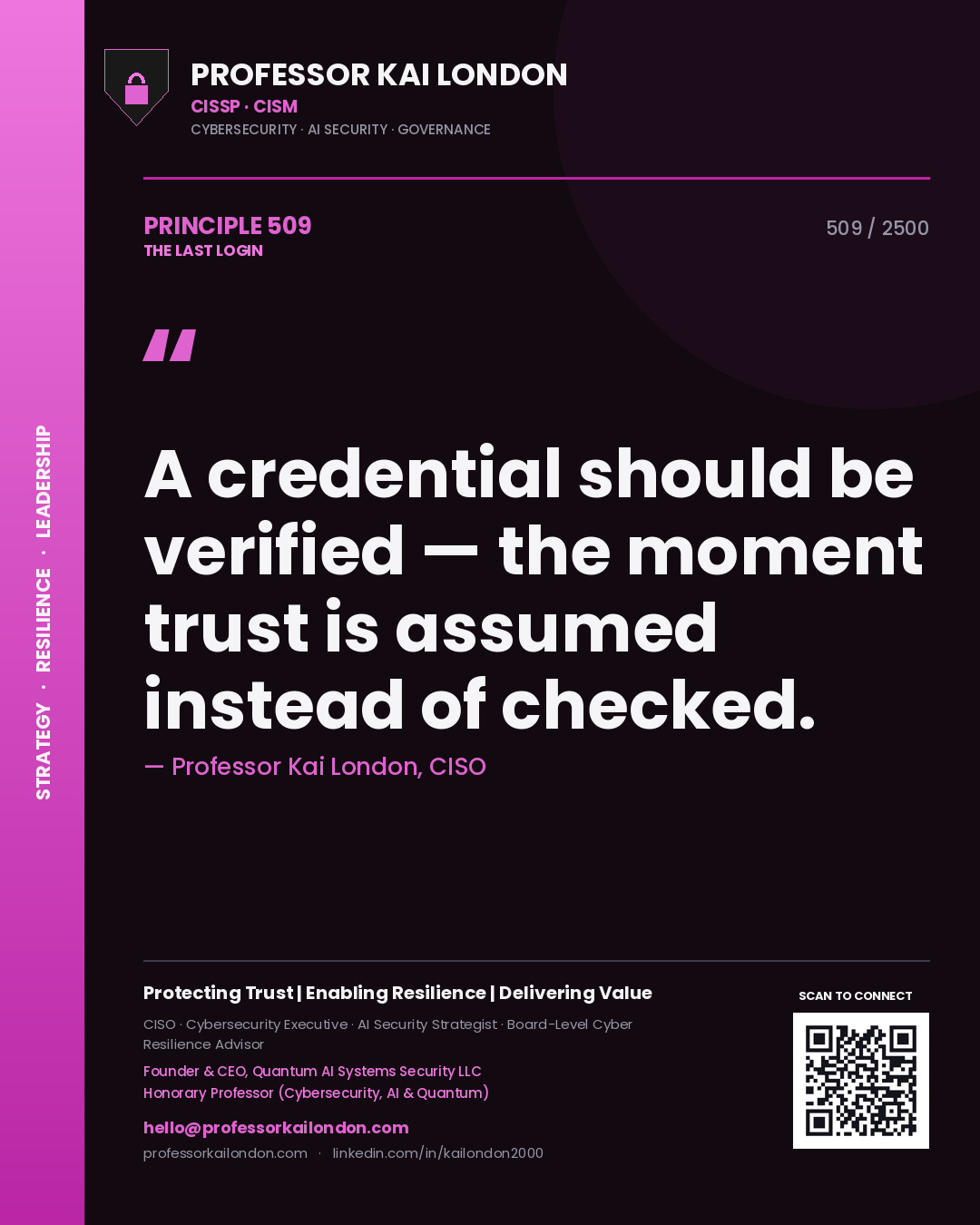 Quote card by Professor Kai London reading 'A credential should be verified — the moment trust is assumed instead of checked.'. From the book The Last Login.