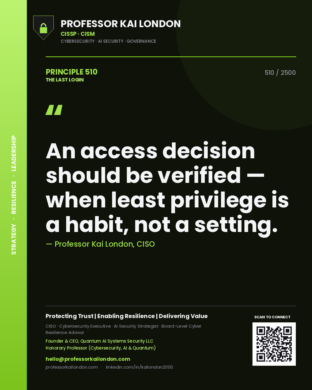 Professor Kai London principle 510: An access decision should be verified — when least privilege is a habit, not a setting.