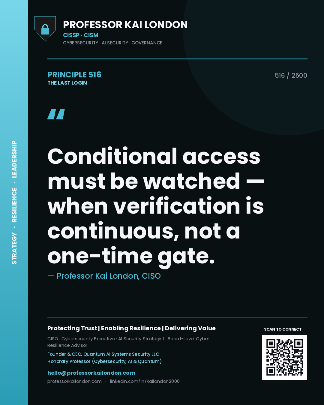 Professor Kai London principle 516: Conditional access must be watched — when verification is continuous, not a one-time gate.